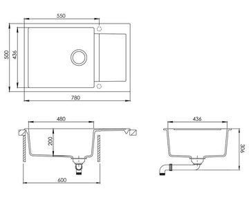 GURARI Küchenspüle SQT 105 -601 AWP+RM-2845-C, (2 St), Einbau Granitspüle Schwarz, inkl. Siphon+Aufrollbare Abtropfmatte