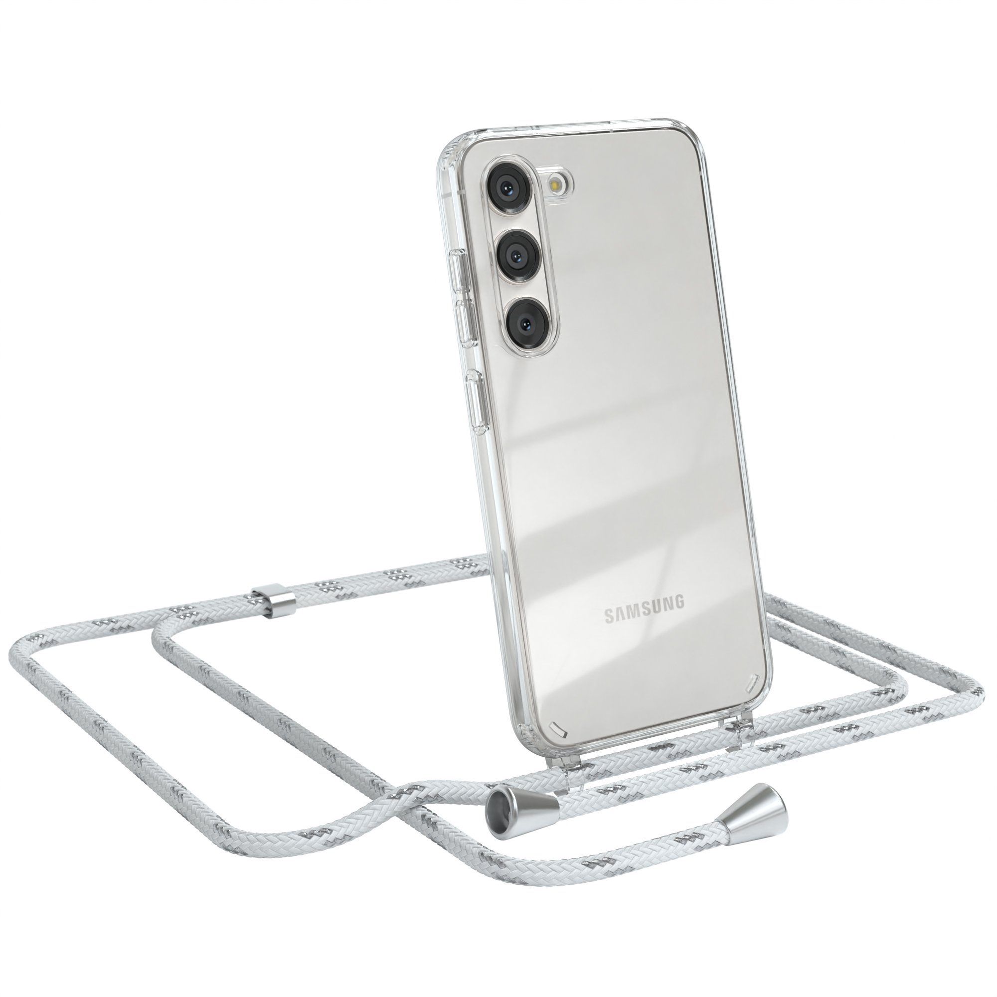 EAZY CASE Handykette Hülle mit Kette für Samsung Galaxy S23 6,1 Zoll, Hülle Smartphonekette für Unterwegs Festivalhülle Transparent Weiß