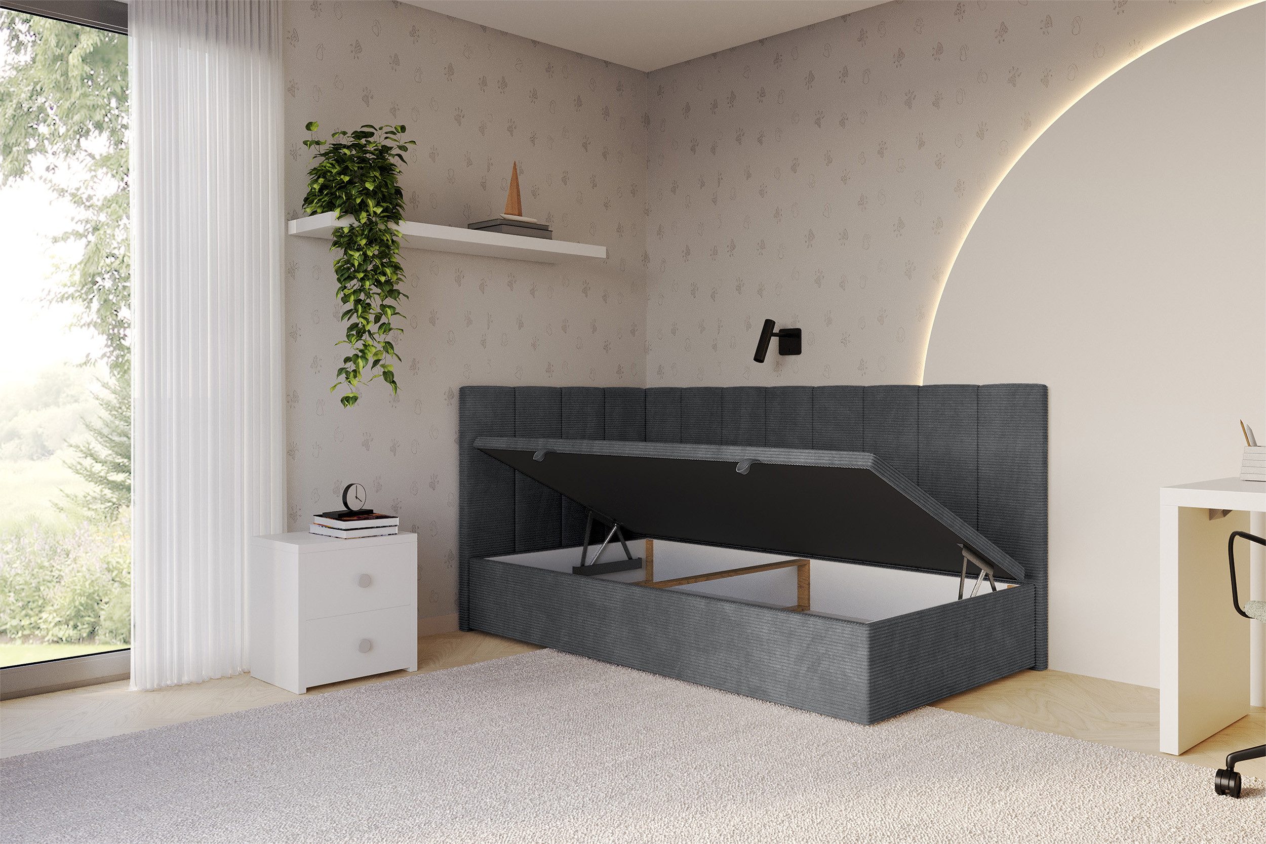 ALTDECOR Jugendbett LOVY (Jugendbett mit Bettkasten und Lattenrost, Polsterbett ohne Matratze), Eizelbett mit Stauraum, Bett mit Kopfteil