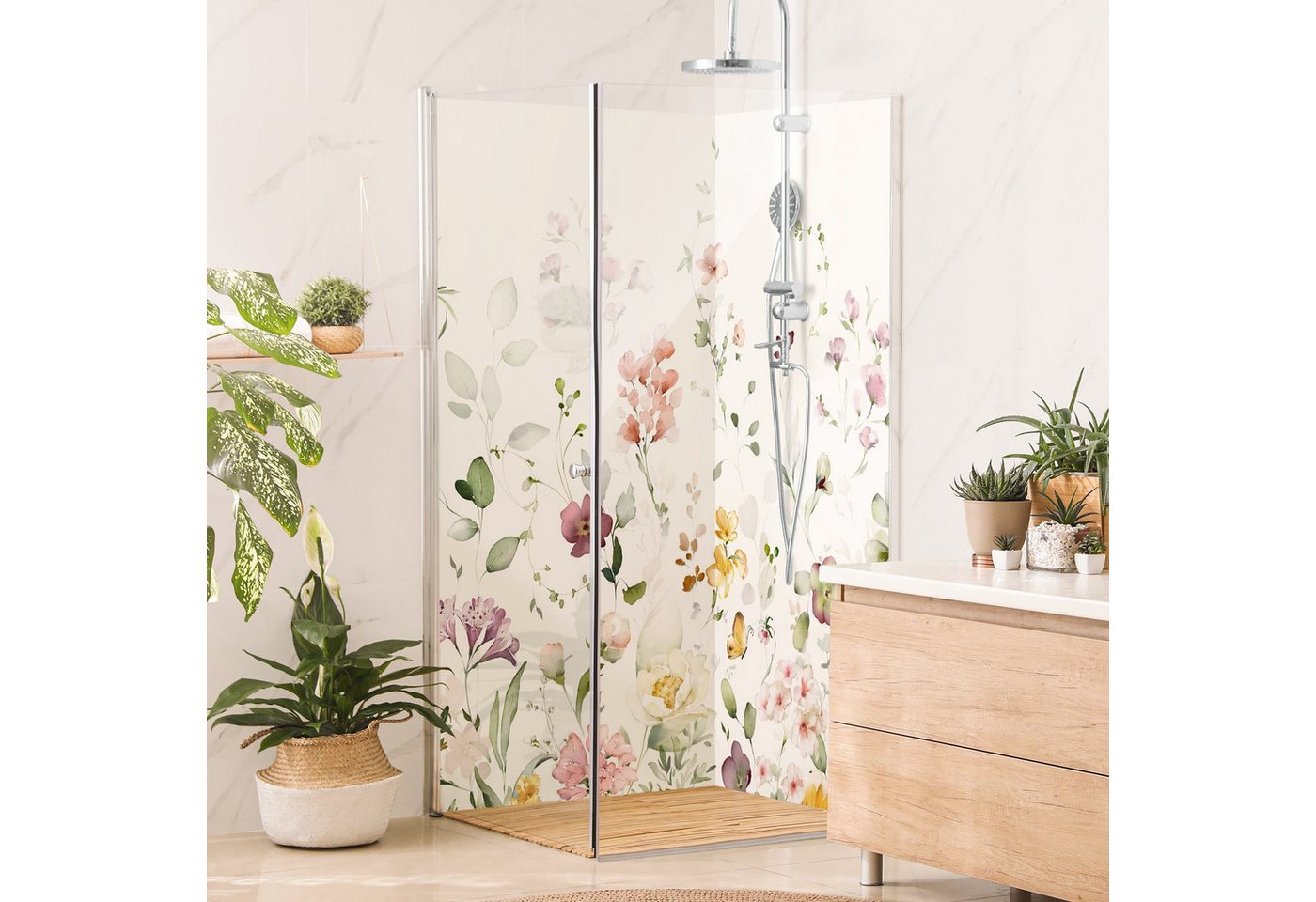 Thumbnail - Bilderdepot24 Badrückwand Blumen pastell Duschrückwand ohne Bohren Dusche Aquarell, (2-tlg., Hart-Folie Premium matt 0,6...