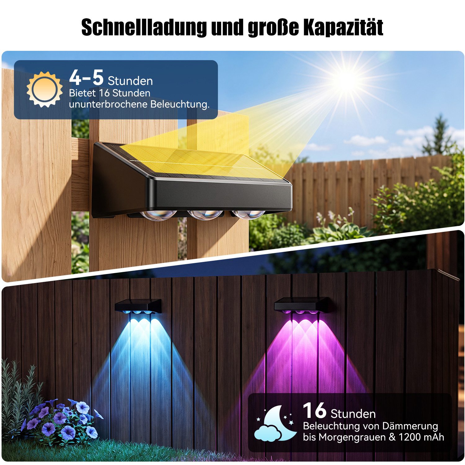 oyajia LED Außen-Wandleuchte 2/4 st Solar Wandleuchte Aussen, RGB Einstellbar Solarlampen für Außen, LED fest integriert, RGB, RGB 9 Farben Solarleuchte für Zau – Bild 5 von 5
