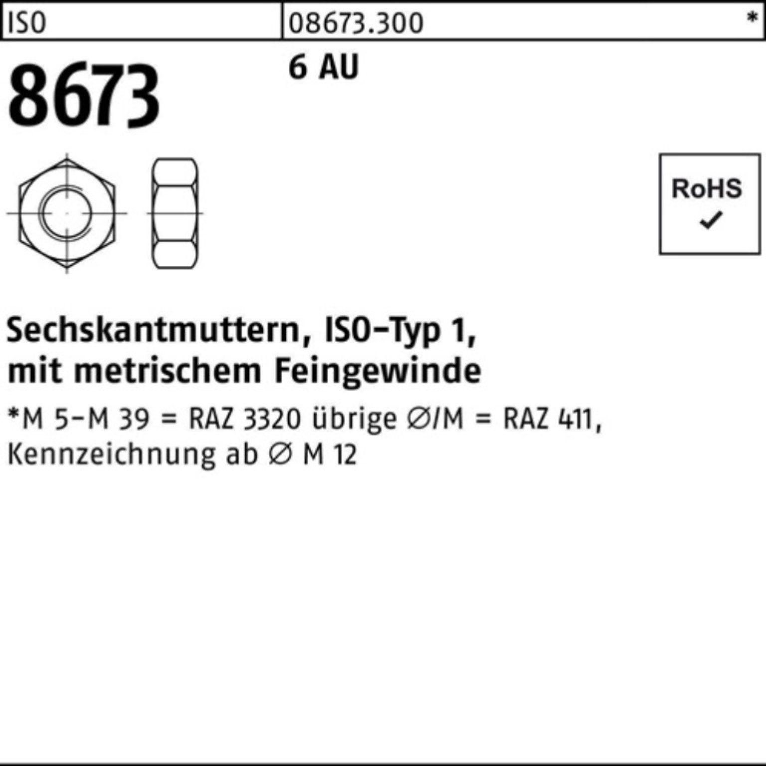 Reyher Muttern 100er Pack Sechskantmutter ISO 8673 M76x 4 6 Automatenstahl 1 Stück I