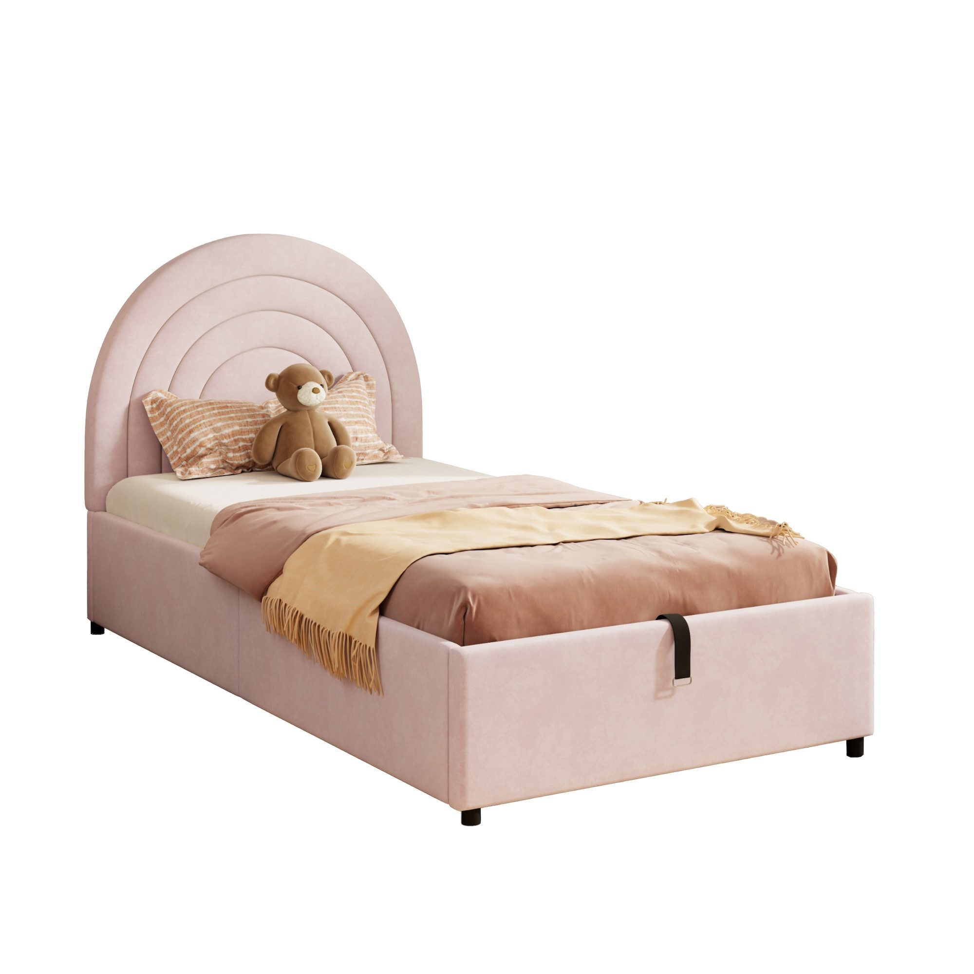 SOFTWEARY Kinderbett mit Stauraum und Kopfteil (90x200 cm), Polsterbett mit Lattenrost, Einzelbett, Samt