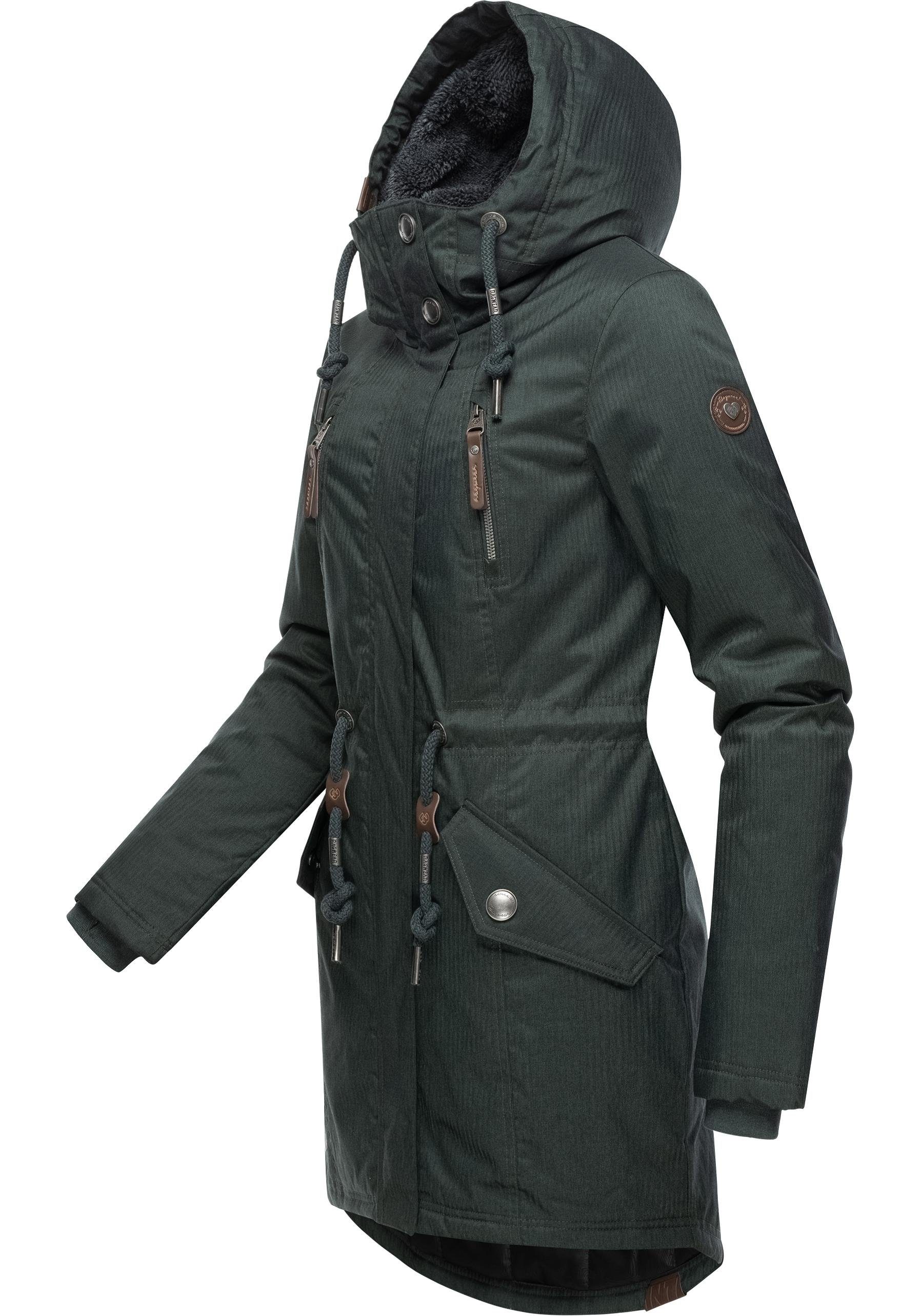 Ragwear Wintermantel Elsie Melange Wasserdichter Winterparka mit Kapuze und Teddyfleece
