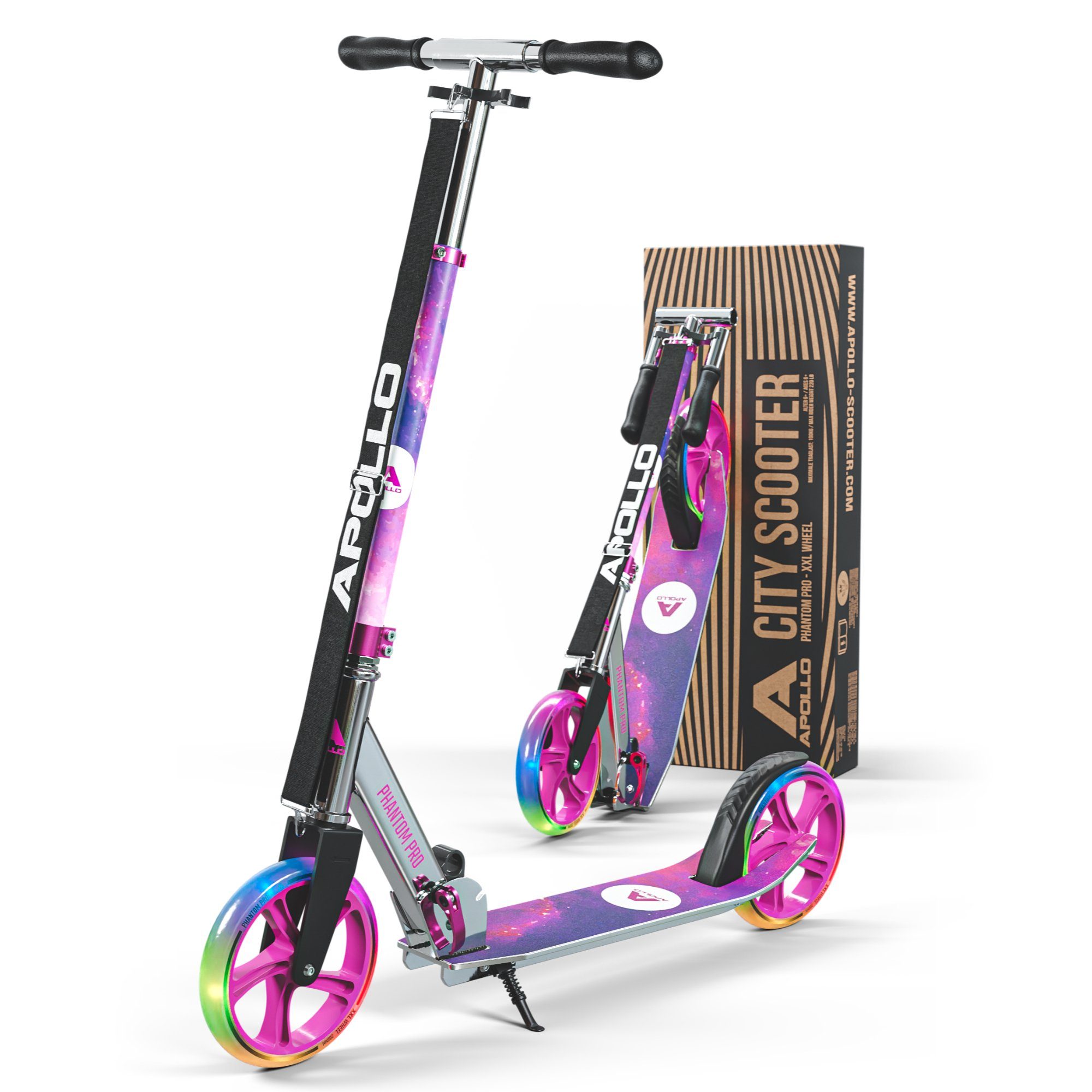 Apollo Cityroller City Scooter - Phantom Pro - Klappbarer City Roller für Kinder, Höhenverstellbar - Tretroller für Erwachsene - Roller Starlight - LED