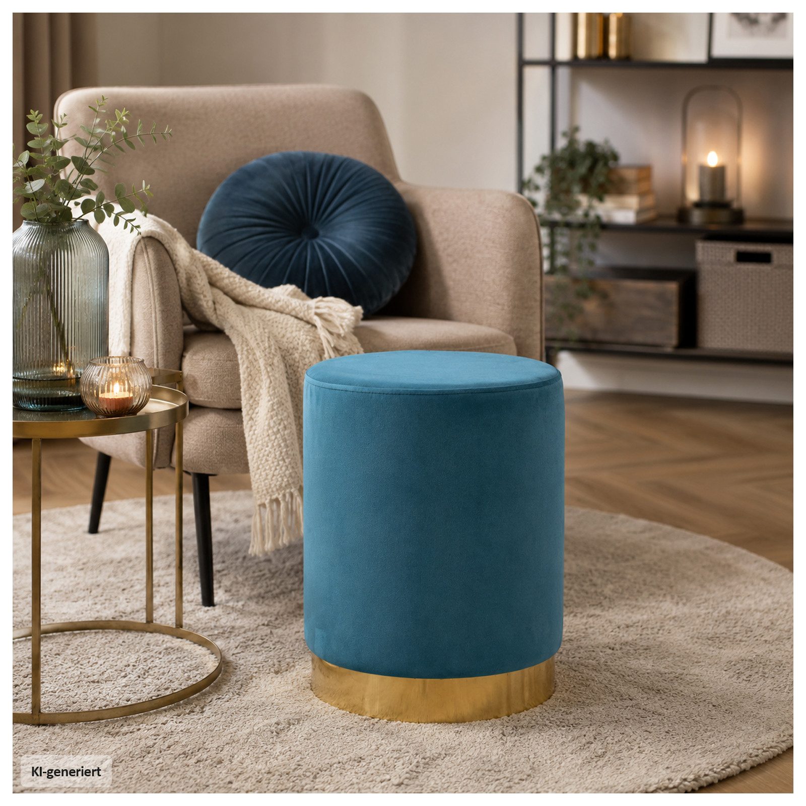 HTI-Living Polsterhocker Hocker Reese Velvet Türkis (1 Stück, 1 St., 1 Hocker), Sitzzylinder mit samtiger Oberfläche und goldenem Sockel