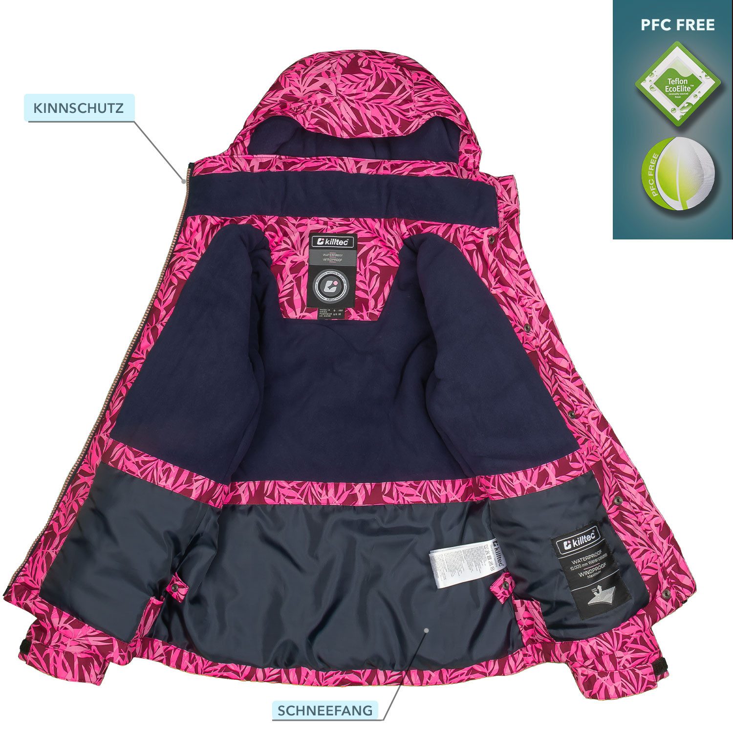 Killtec Skianzug Mädchen Skijacke pink gemustert + Skihose bordeaux, verschweißte Nähte