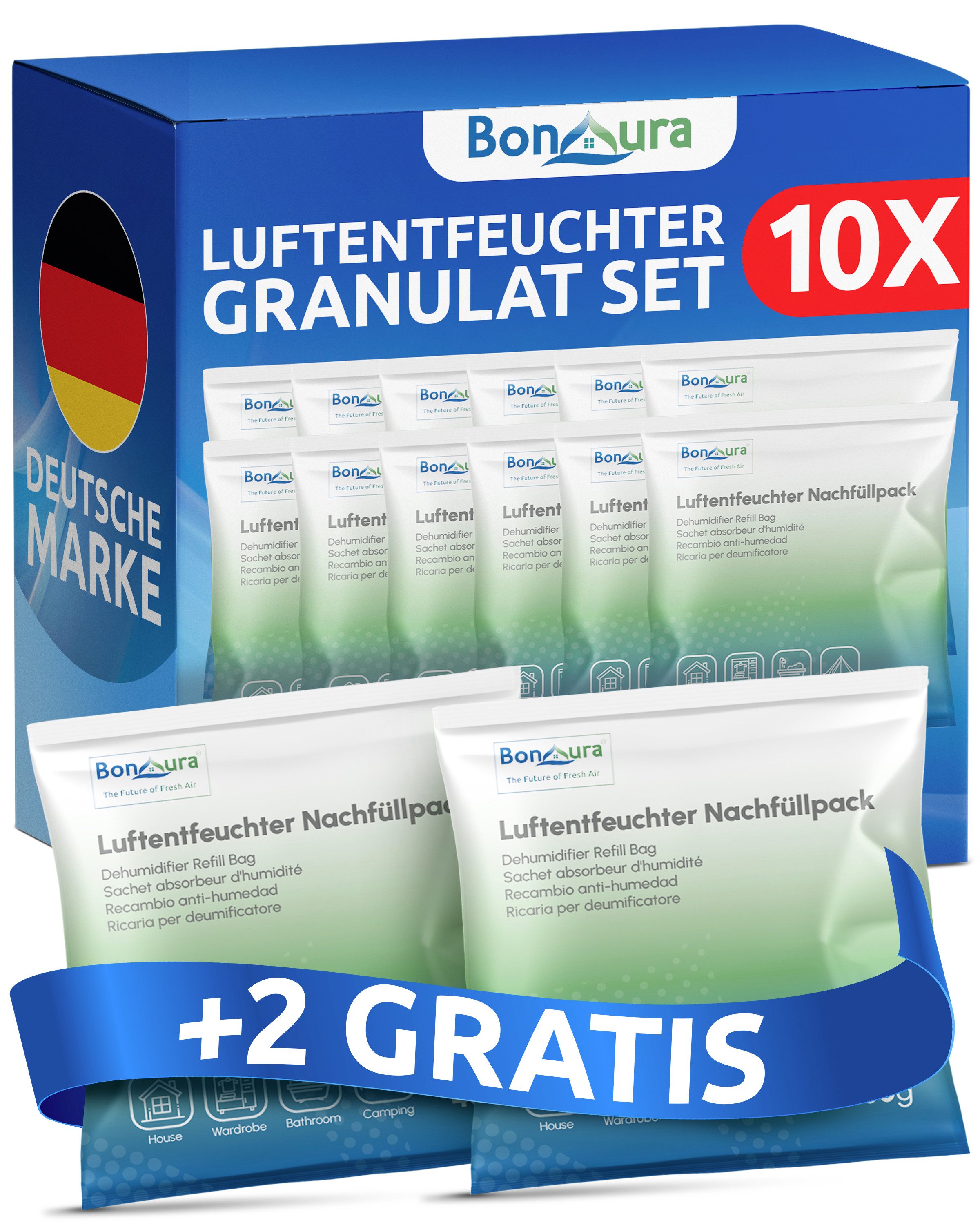 BonAura Luftentfeuchter-Nachfüllpack gegen Schimmel und Gerüche, für AirOne Select, Spar-Set, 12 x 400g Luftentfeuchter Granulat