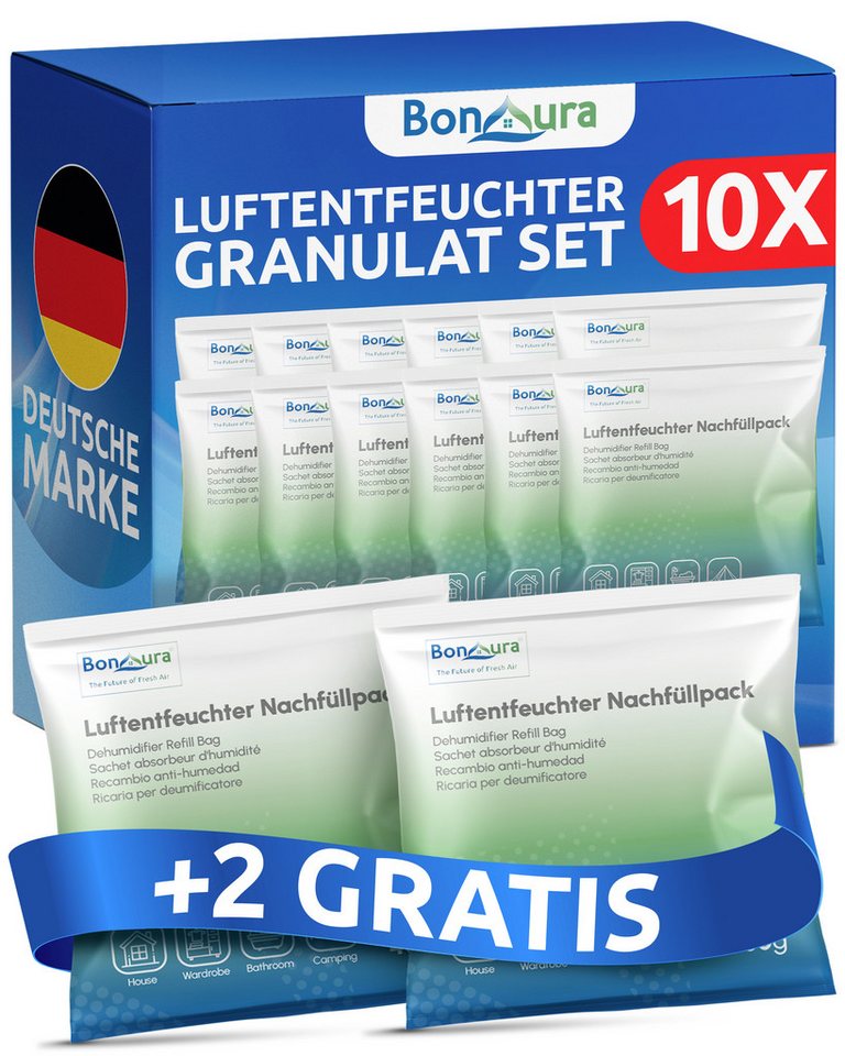 BonAura Luftentfeuchter-Nachfüllpack gegen Schimmel und Gerüche, für AirOne Select, Spar-Set, 12 x 400g Luftentfeuchter Granulat