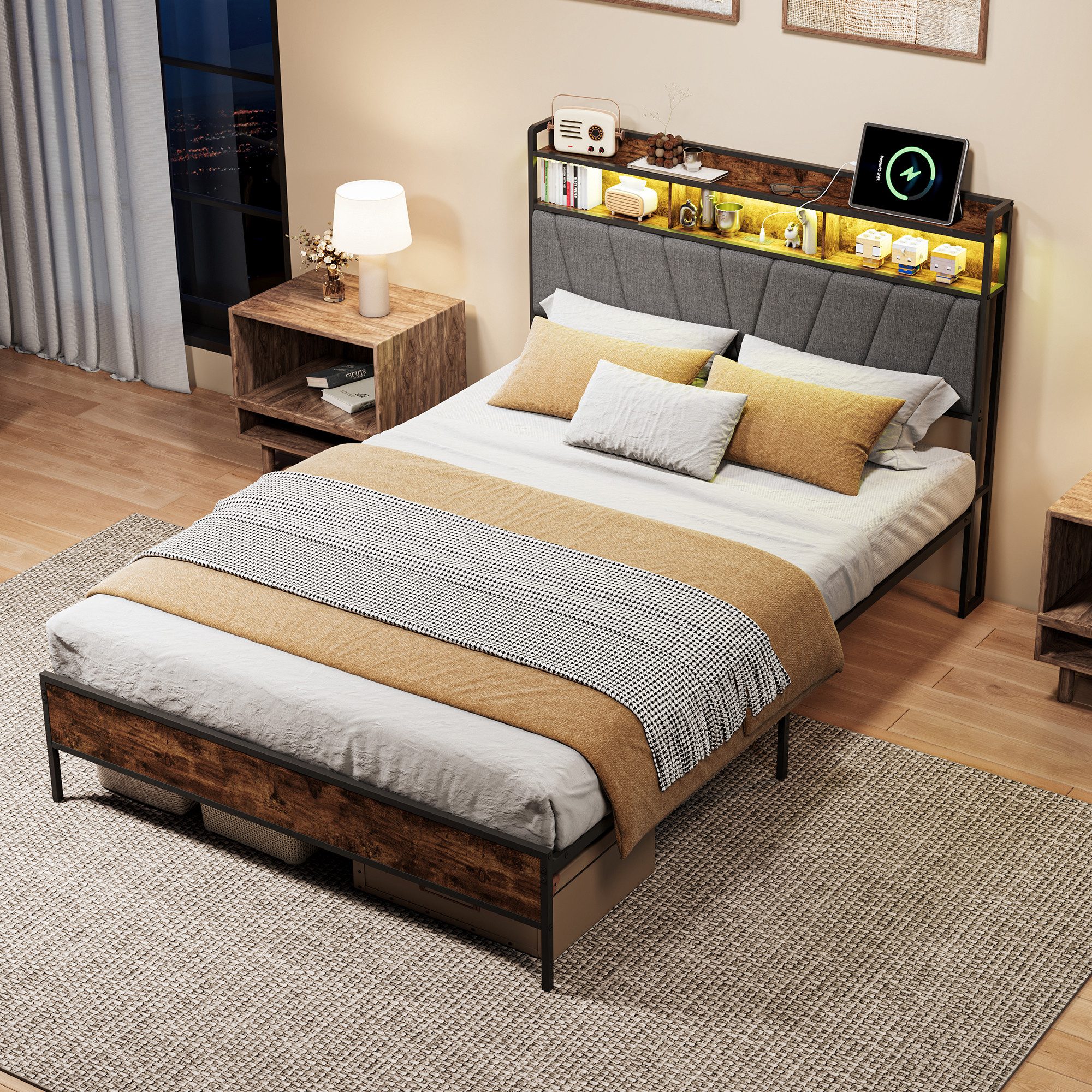 Yelenaro Polsterbett Metallbett Doppelbett mit LED-Beleuchtung und Ladefunktion, Holzbett mit Metall,Jugendbett 140x200cm