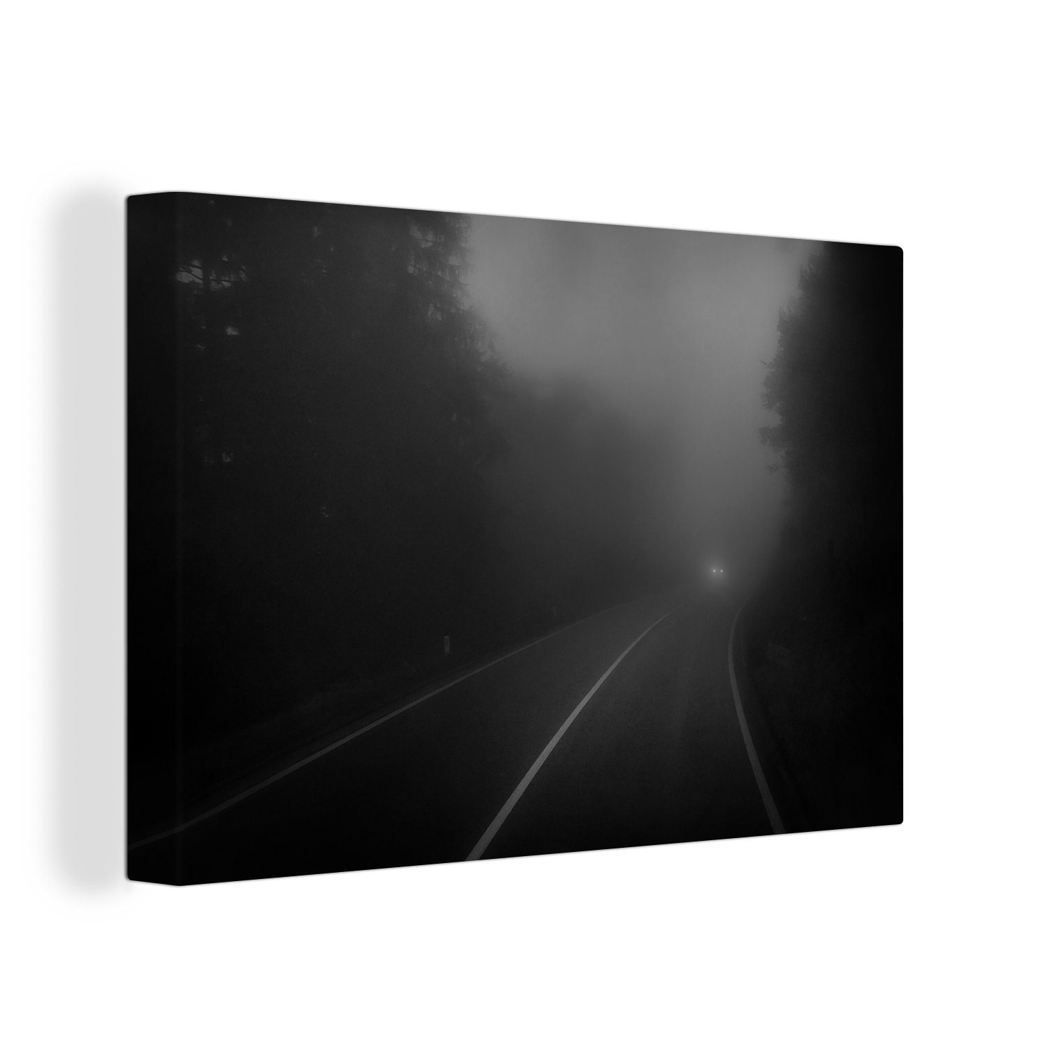 OneMillionCanvasses® Leinwandbild Wald - Nebel - Scheinwerfer - Auto, (1 St), Wandbild Leinwandbilder, Aufhängefertig, Wanddeko, 30x20 cm