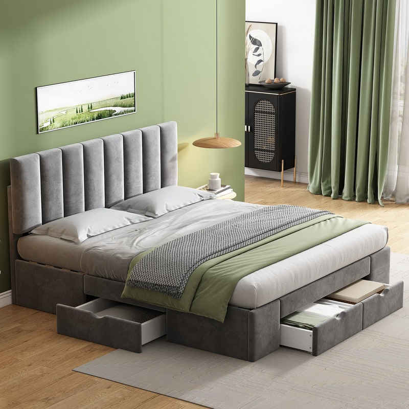 OKWISH Polsterbett Doppelbett Stauraumbett Bett mit Lattenrost (Mit 4 Schubladen (160x200 cm), Bezug aus Samt