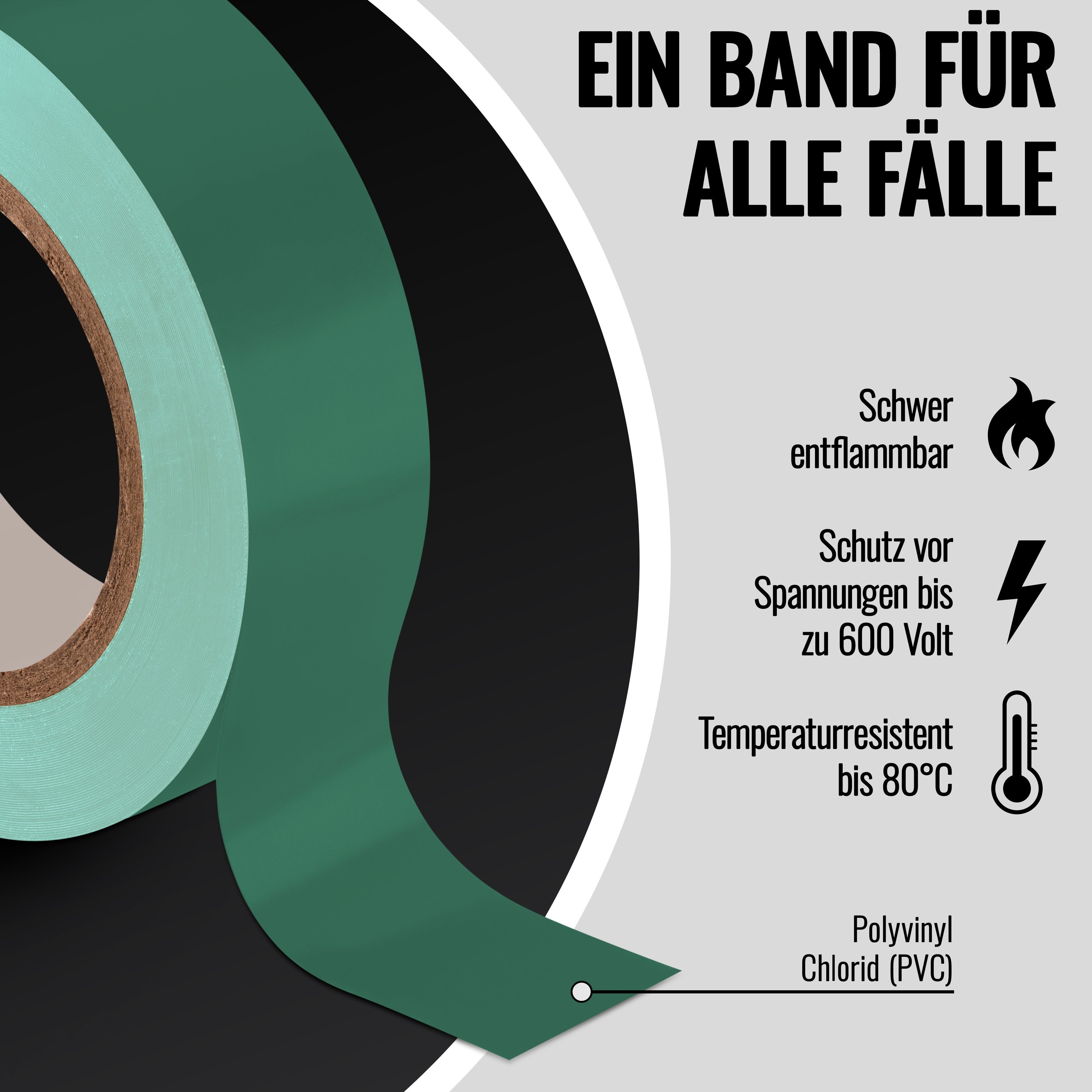 Poppstar Isolierband PVC Dichtband und Klebeband 10 Meter (10-St., Breite 18mm, Farbe grün) Universal Isolierband, Dichtungsband zum Kabel & Leitungen Reparieren