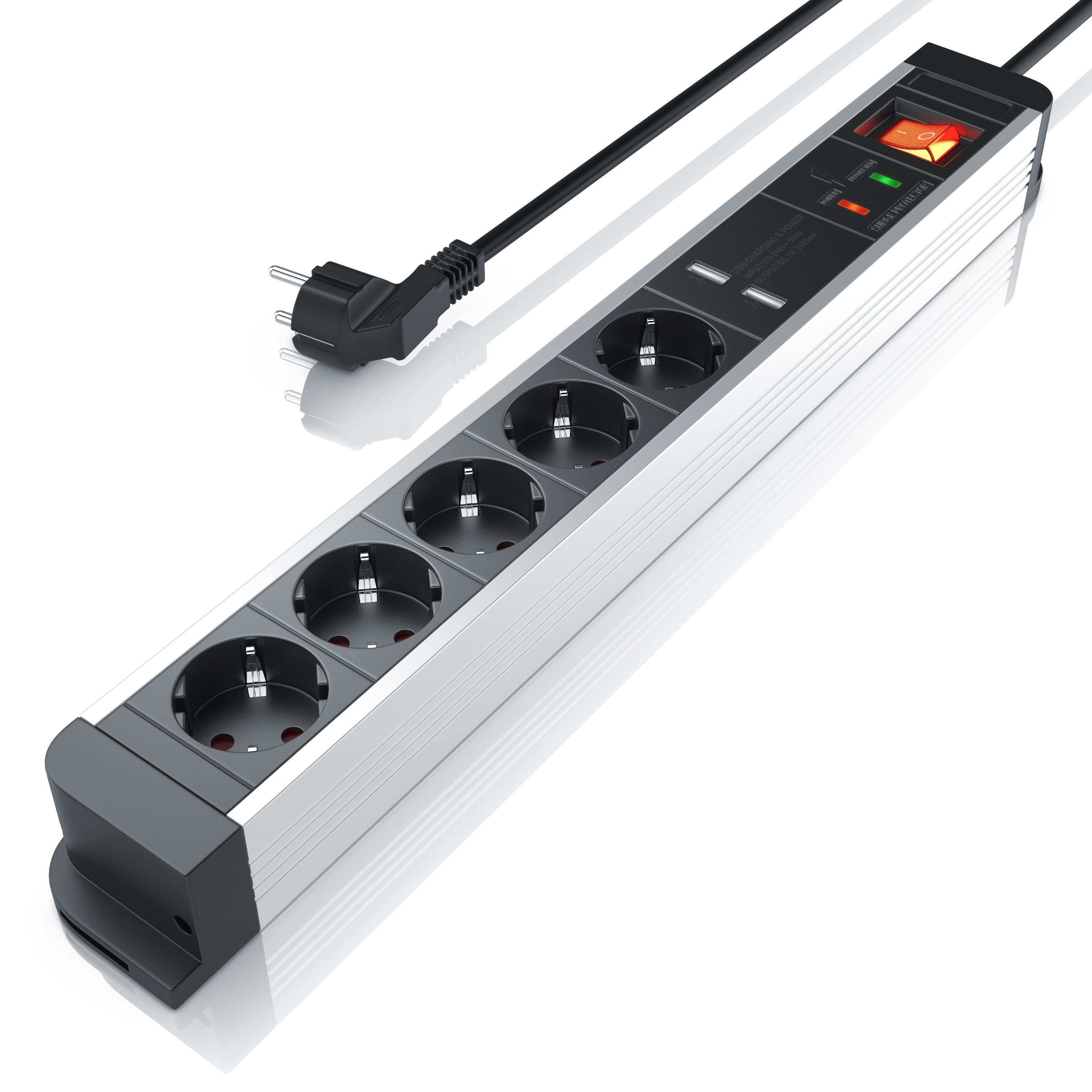 Arendo Steckdosenleiste 5-fach (Schalterbeleuchtung, Ein- / Ausschalter, USB-Anschlüsse, Kindersicherung, Schutzkontaktstecker, Überspannungsschutz, Kabellänge 1,50 m), Steckdosenleiste mit 2x USB-Ports (2000mA / 5V)