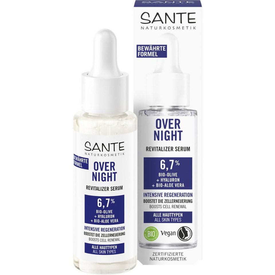 SANTE Gesichtspflege Overnight Revitalizer Serum Bio-Olive Hyaluron  Bio-Aloe Vera, Olivgrün, 30 ml