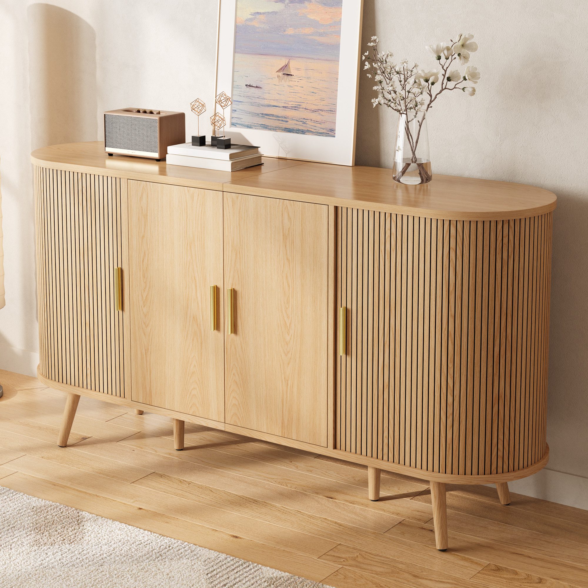 Merax Sideboard mit vertikaler Rillenstruktur und gebogenem Design (150 L x 40 B x 79 H cm, 1 St., Wohnzimmerschrank Aufbewahrungsbuffet Esszimmerschrank), Kommde mit Schiebetüren, Metallgriffen, Massivholzfüßen & Stauraum