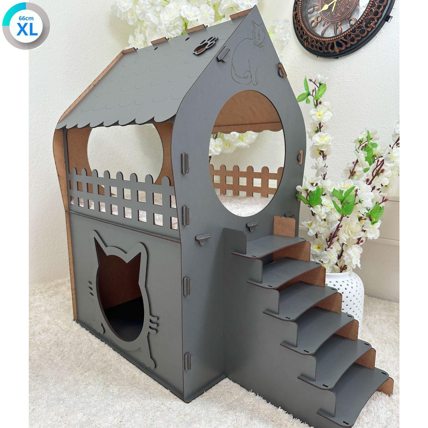 Jungengel Tierhaus Zweistöckiges Katzenhaus aus MDF – Anthrazit – in XL, XX günstig online kaufen