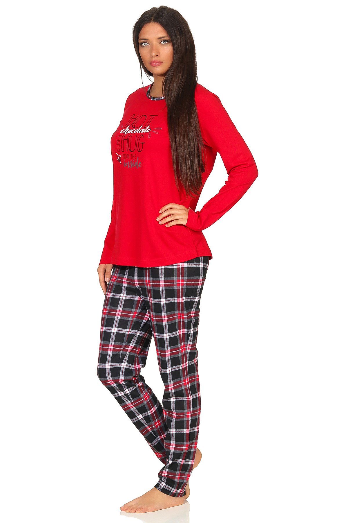Normann Pyjama Damen Pyjama lang - auch Karohose rot und Frontprint in Übergrößen mit