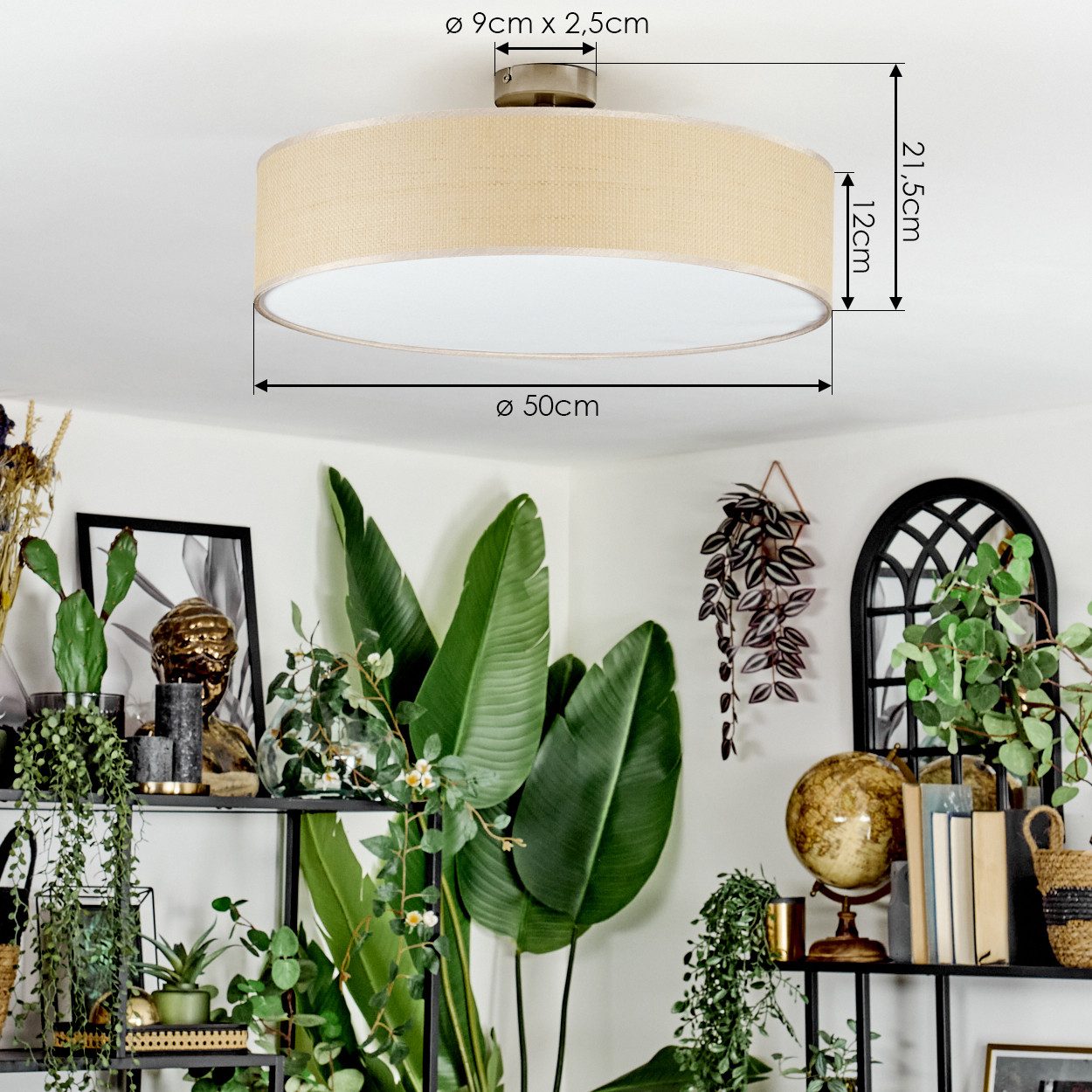 hofstein Deckenleuchte Deckenlampe aus Metall/Papiergeflecht/Stoff in Nickel-matt/Natur, ohne Leuchtmittel, runde Boho Leuchte (50 cm), E27 – Bild 4 von 5