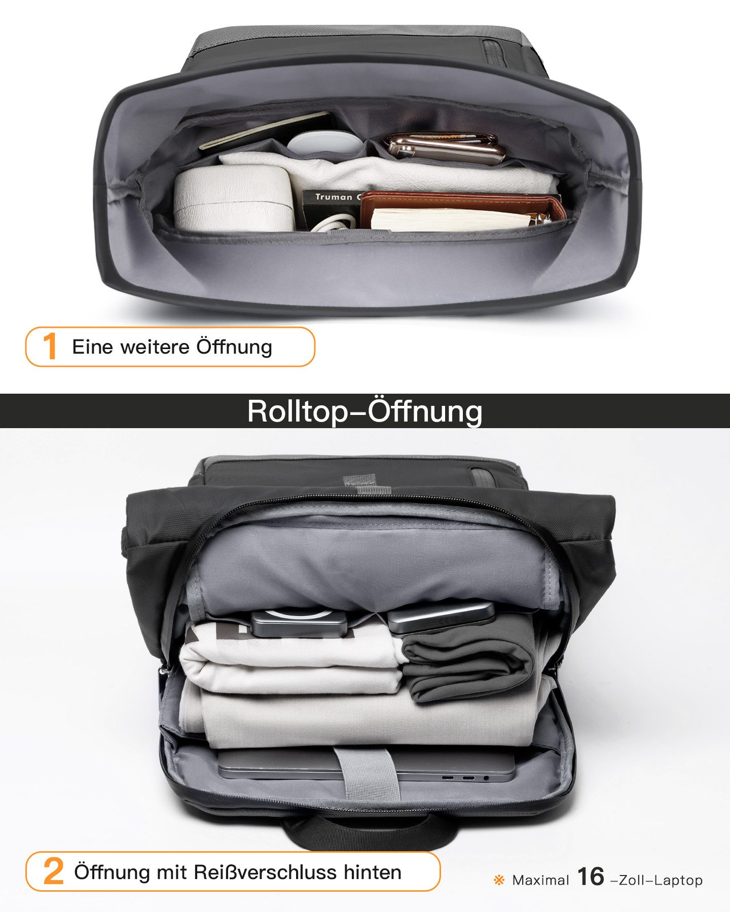 Inateck Laptoprucksack RollTop Rucksack 13L-17L mit 15 Zoll Laptopfach