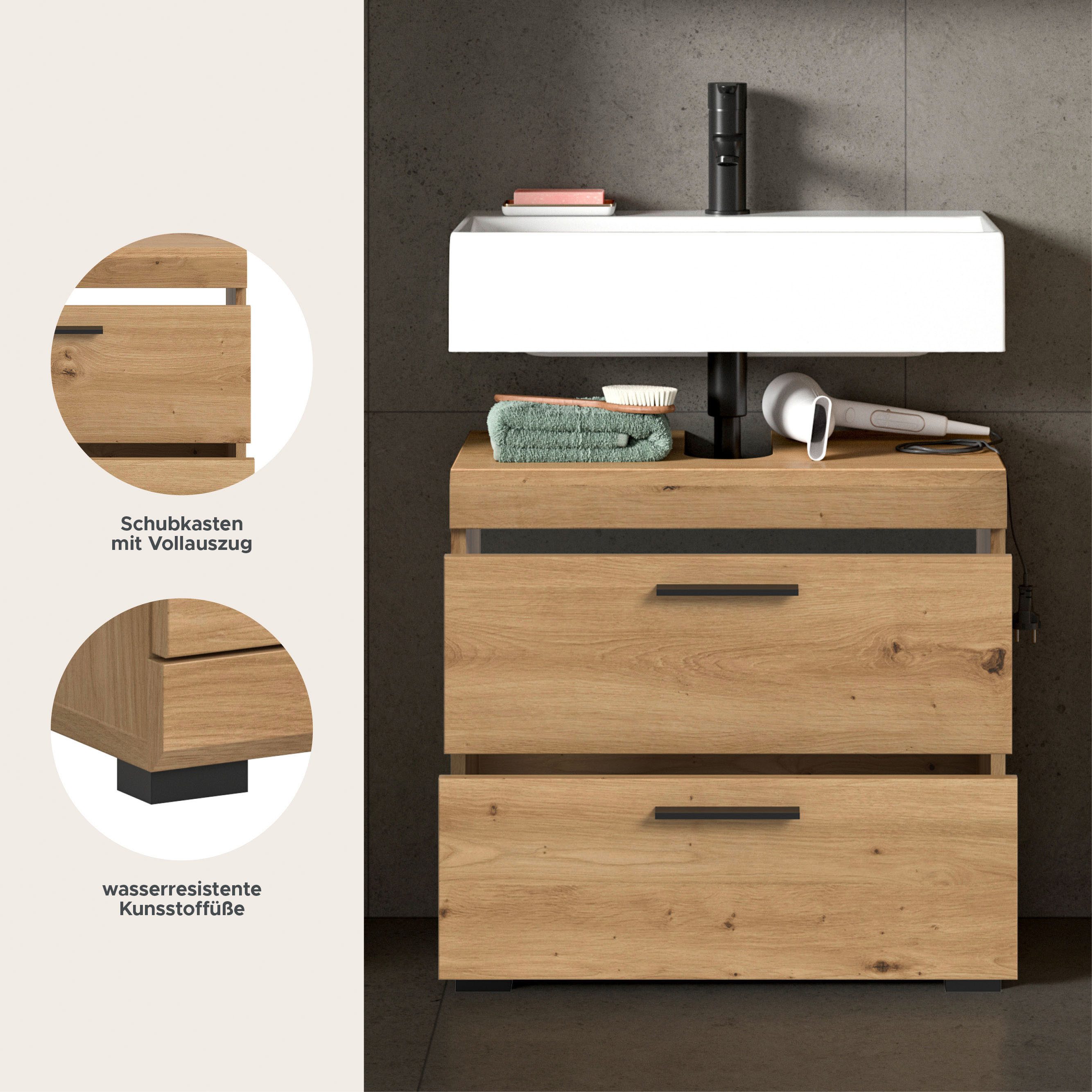 welltime Waschbeckenunterschrank SIENA, Breite 60cm, mit 2 Türen oder 2 Schubkästen, MDF-Front (1-St., TOPSELLER!, mit Siphonausschnitt 10x25 cm) in verschiedenen Farben erhältlich, Badmöbel, Badschrank, Schrank, Bad