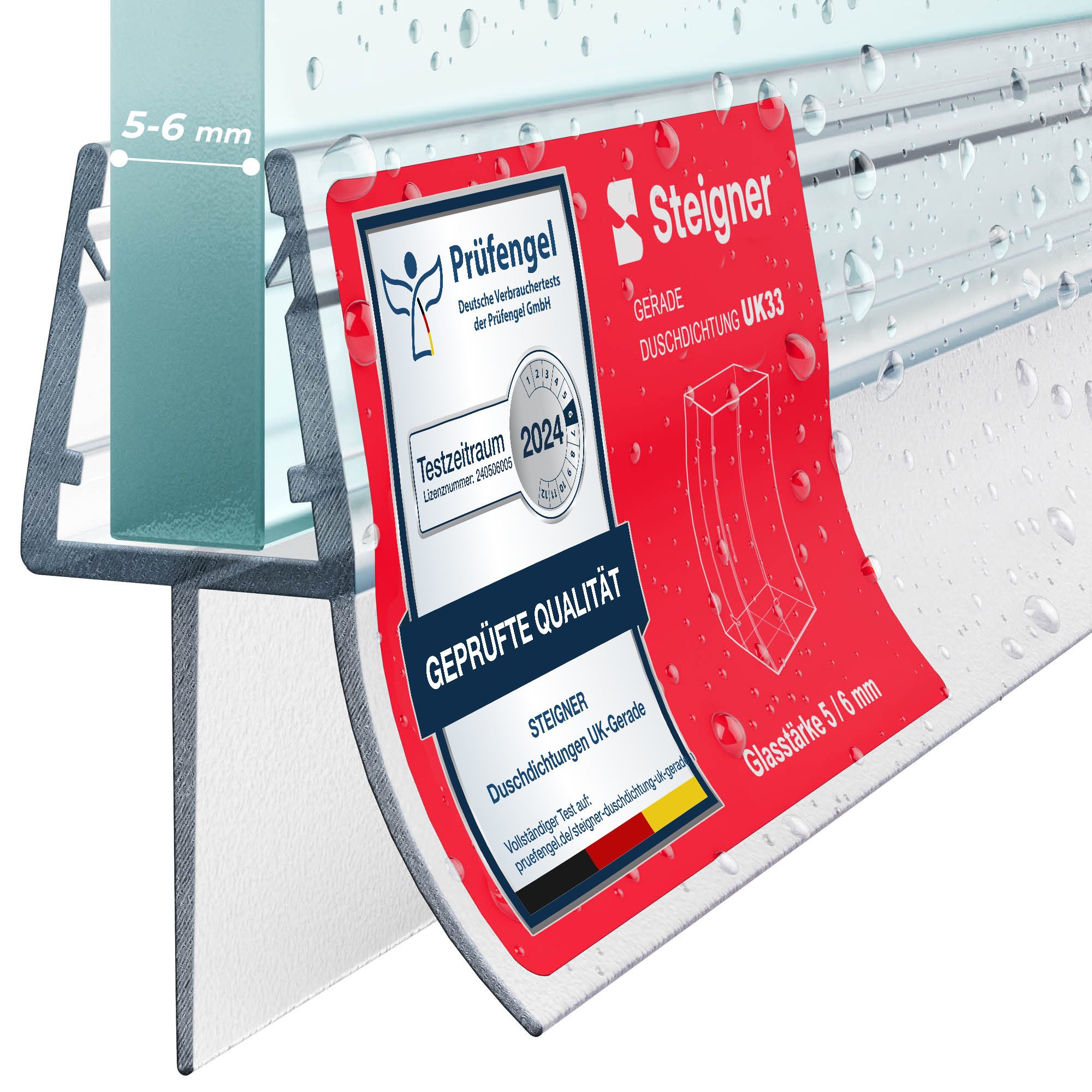 STEIGNER Duschdichtung Duschdichtung Gerade UK33-06 30 cm (1 Stk) Transparent 5-6 mm, L: 30 cm, (1 Stück Packung, Einzeldichtung), Dichtung für Eckeinstieg Dusche oder Fünfeckdusche mit Duschtür