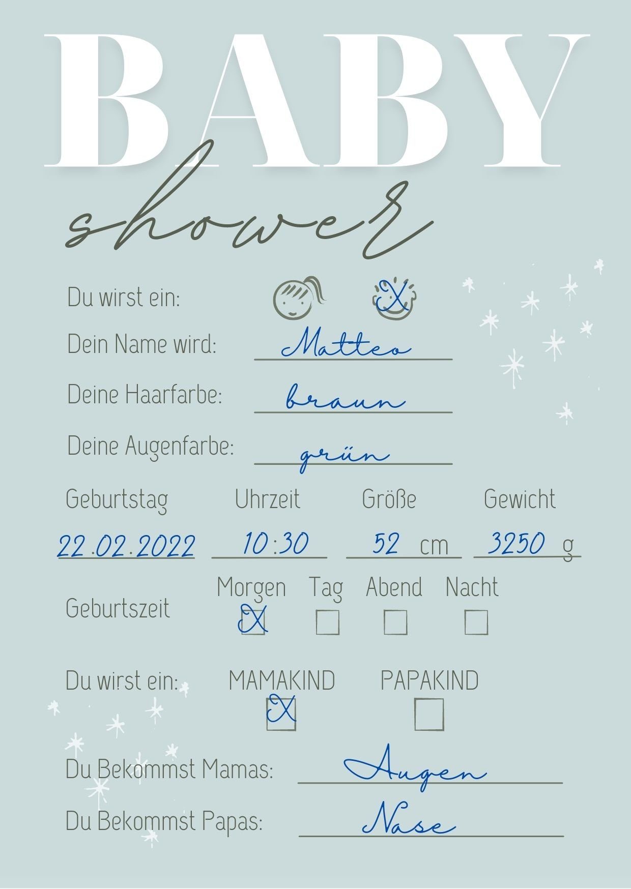 EMI&SAM Babyparty Wunschkarten - 20 Stück, Türkis Mit Sternen, Für Baby Shower, Jungen & Mädchen, DIN A6