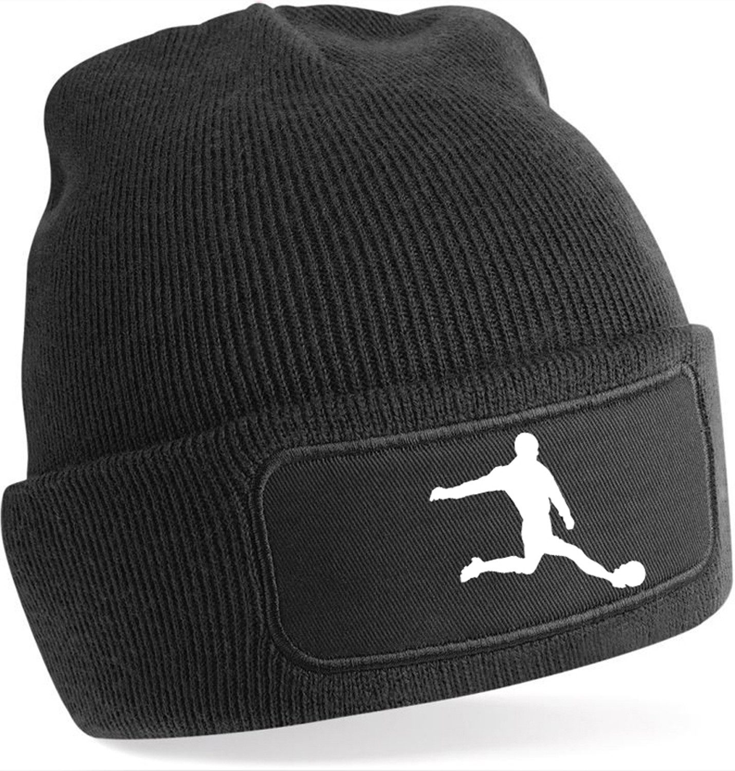MyDesign24 Strickmütze für kalte Tage - Beanie mit Umschlag und Fussballer Silhouette Fußball Wintermütze für Männer, Frauen, Jungen und Mädchen i463
