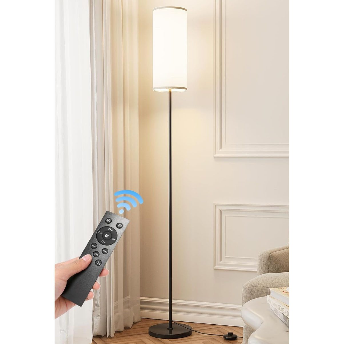 Lapamax Stehlampe Stehlampe mit zylindrischem Stoffschirm, 12 W, Fernbedienung, EU-Set, enthalten, Schwarze Bodenleuchte inklusive Leuchtmittel für gemütliches Wohnlicht