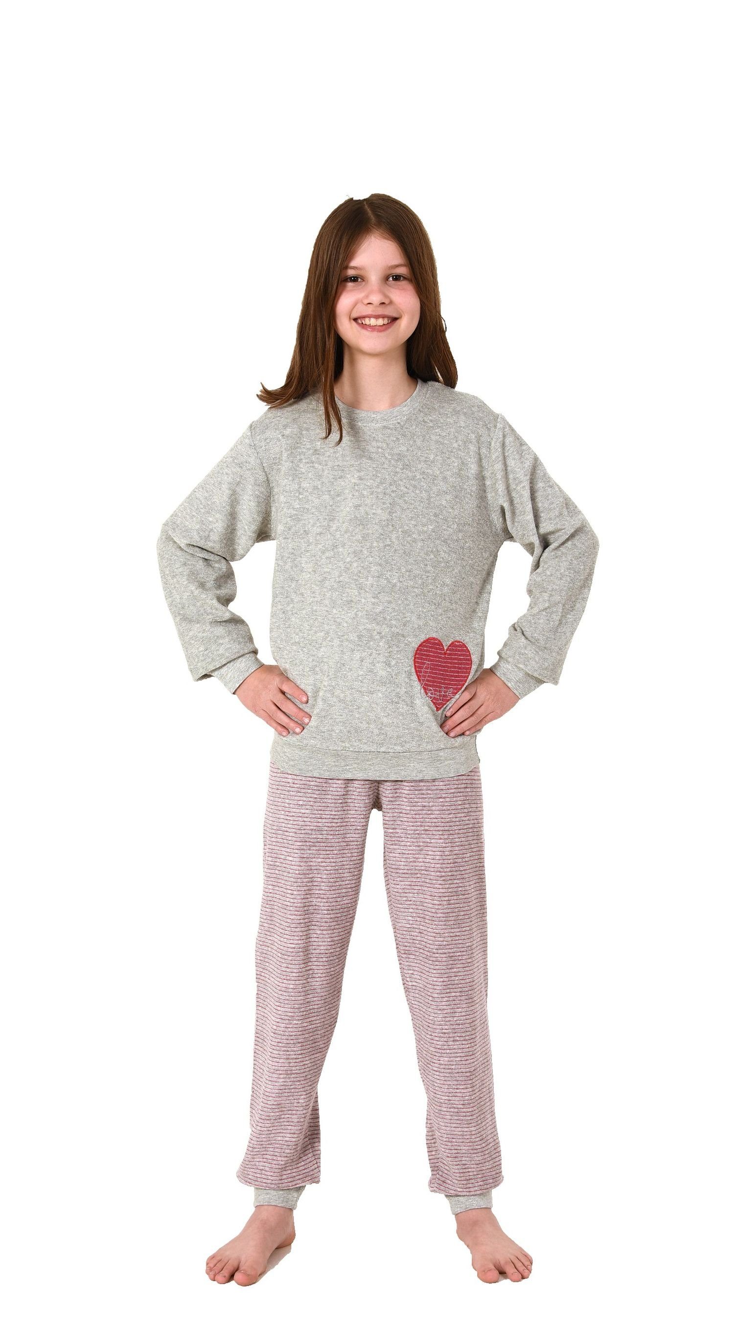 Pyjama Pyjama Oberteil mit Bündchen, Herz-Motiv Mädchen grau Frottee mit langarm Normann