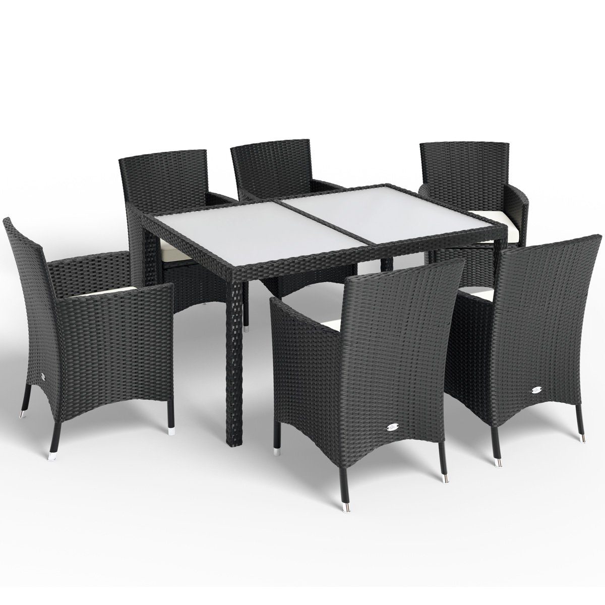 Casaria Sitzgruppe 6+1, 6 7cm stapelbare 150x90cm Gartentisch Stühle Polyrattan Auflagen Glas