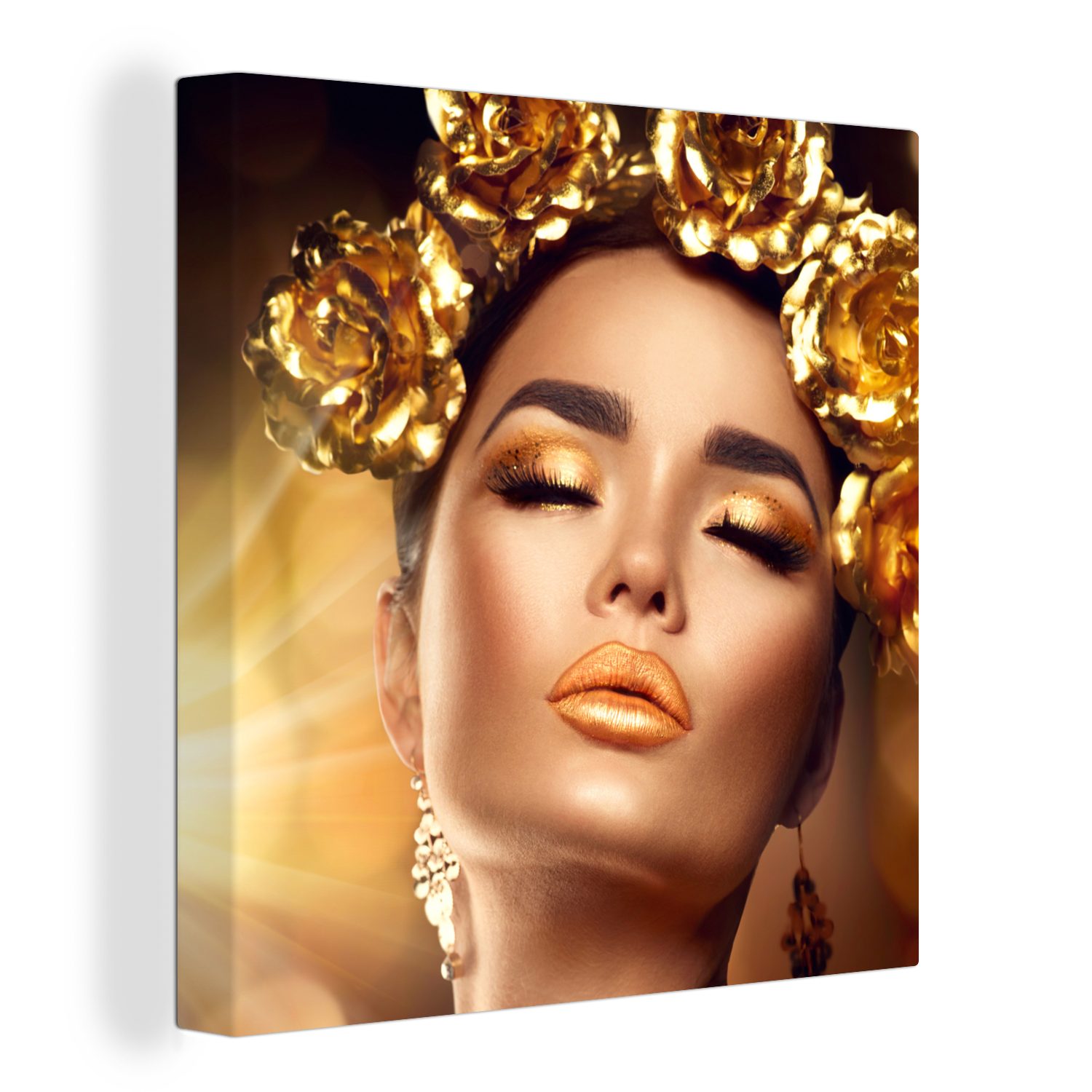OneMillionCanvasses® Leinwandbild Frau - Rosen - Gold, (1 St), Leinwand Bilder für Wohnzimmer Schlafzimmer