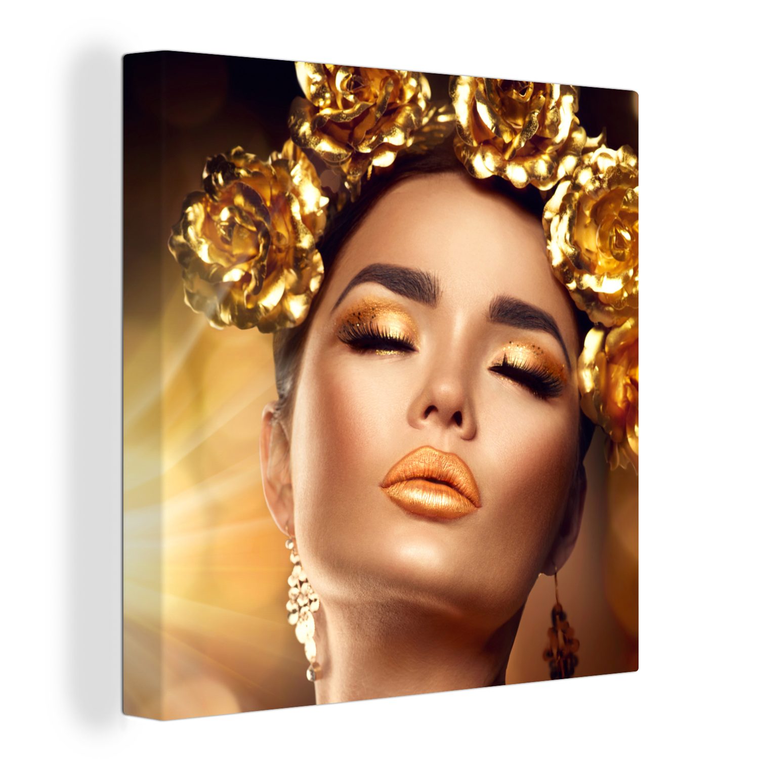 Leinwandbild Frau - Rosen - Gold