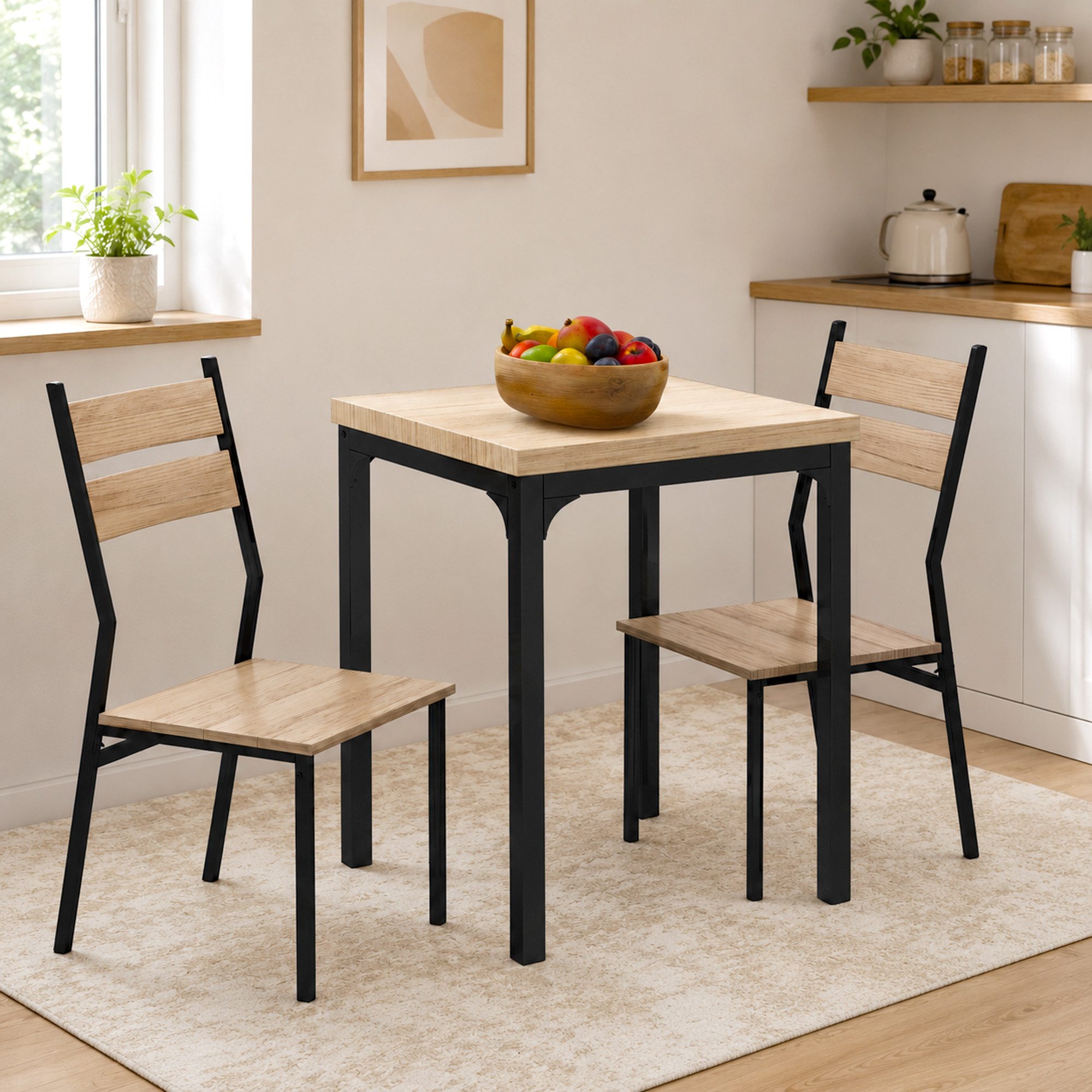 HOMCOM Essgruppe Esstisch mit 2 Stühlen, 4 cm Tischplatte, Metallgestell, schwarz, (Sitzgruppe, 3-tlg., Esstisch Set), MDF Metall Naturholzmaserung+Schwarz
