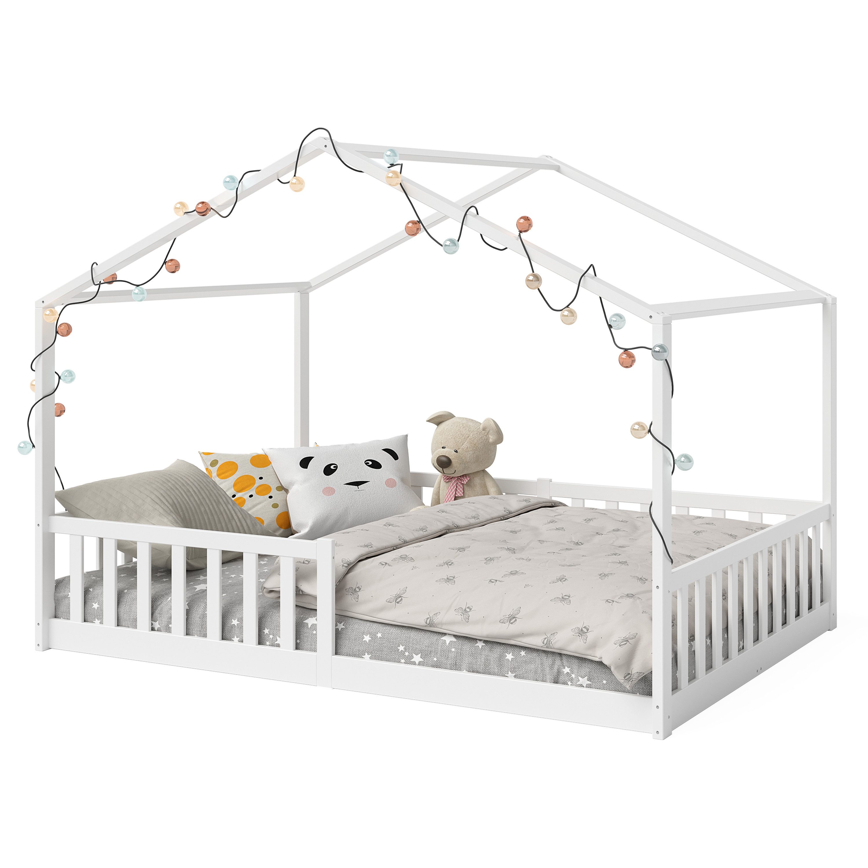 Bellabino Hausbett Bia (weiß, 140x200 cm, Bodenbett mit Rolllattenrost und Rausfallschutz), bodentiefes Kinderbett in verschiedenen Ausführungen