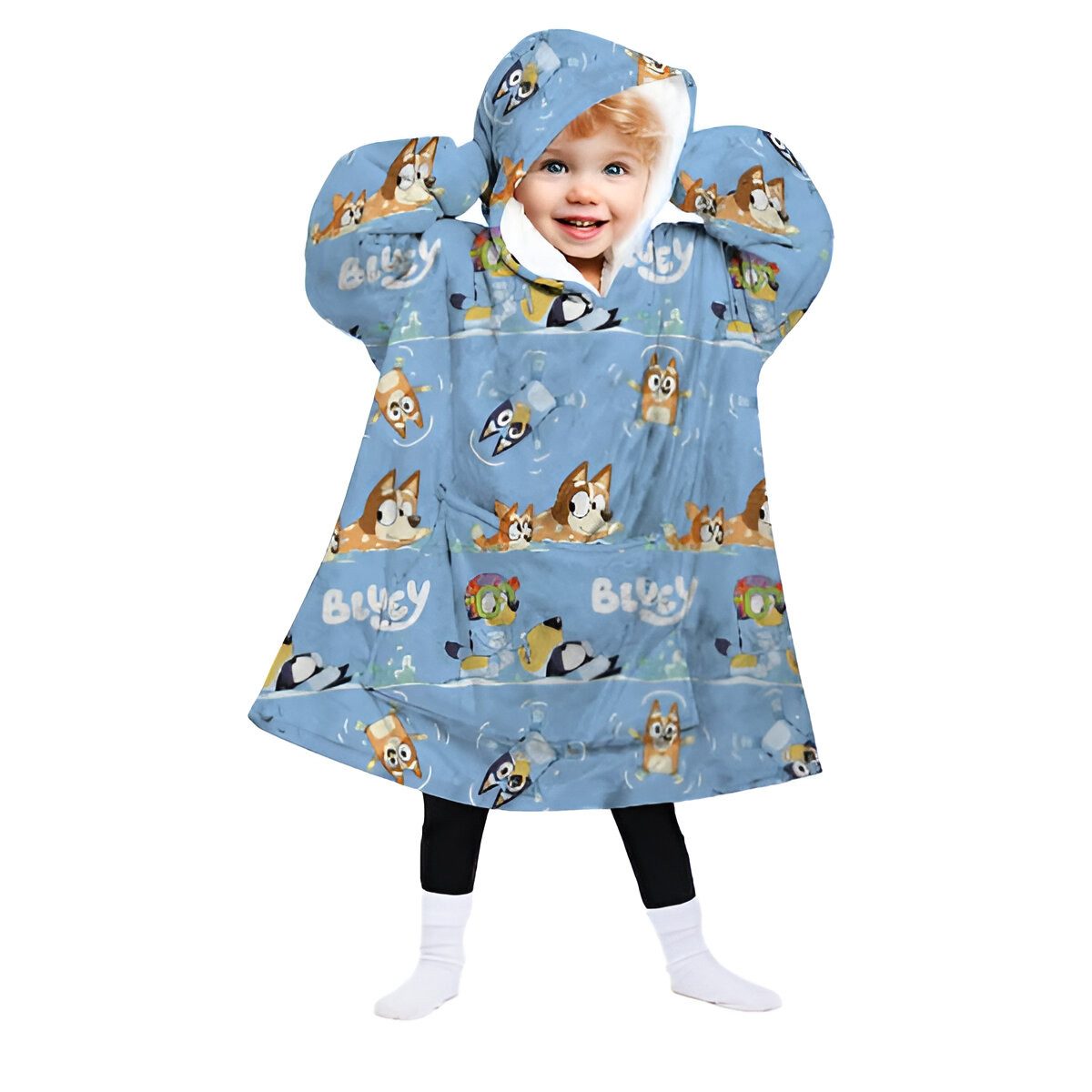 Bluey Sweatponcho Bluey Bingo Kinder Kuschelponcho Ärmel Kapuze Tasche 3-14 Jahre