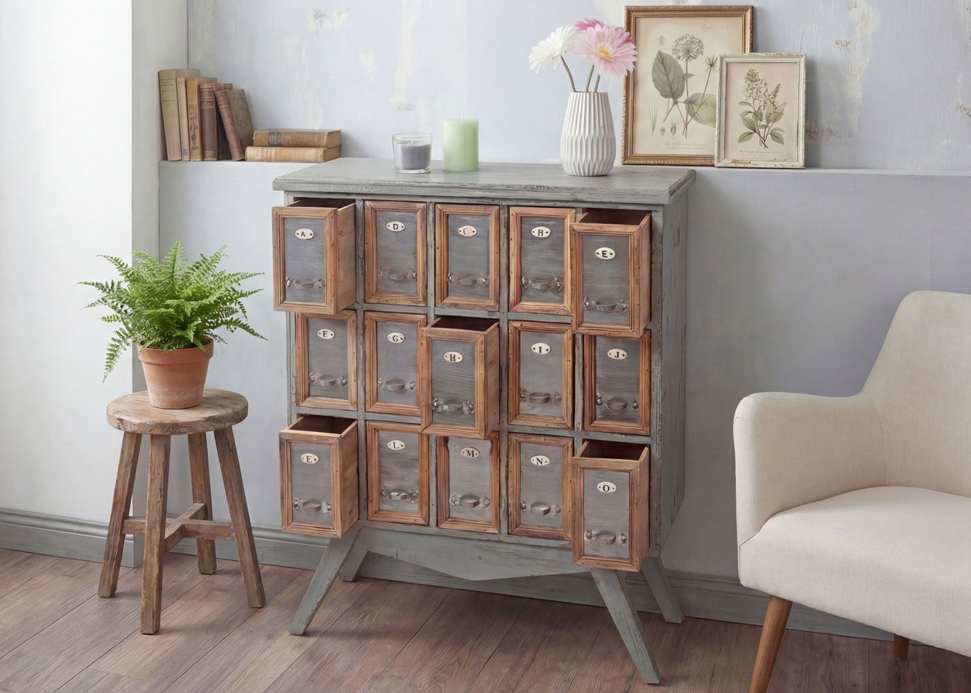 MCW Apothekerschrank MCW-A43-94 15 herausnehmbare Schubladen, Inklusive Buchstabenschilder