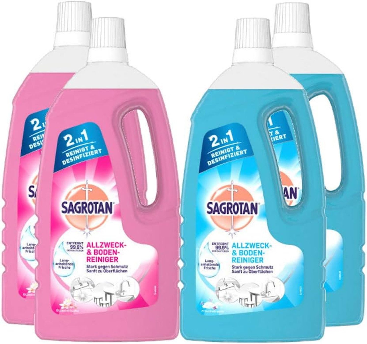 SAGROTAN Blütenfrische & Frischtraum 4 x 1,5l Allzweckreiniger (Multipack, [4-St. entfernt 99,9% der Bakterien für kraftvolle Boden- und Oberflächenreinigung)