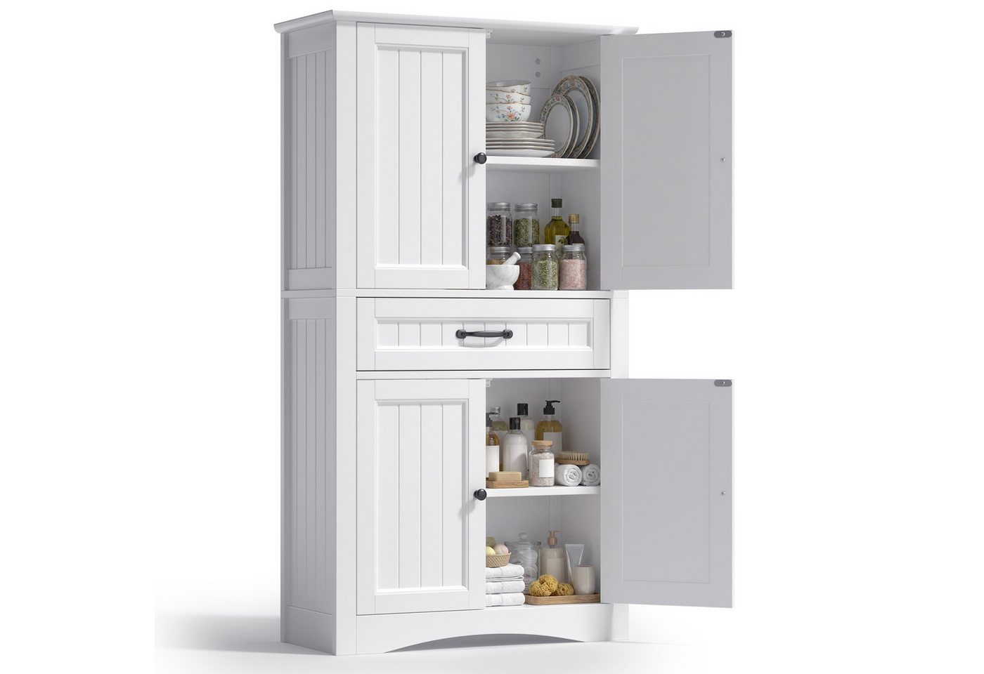 Blishom Hochschrank Badschrank mit 2 Türen und Schublade MDF Weiß 73x31x132 cm