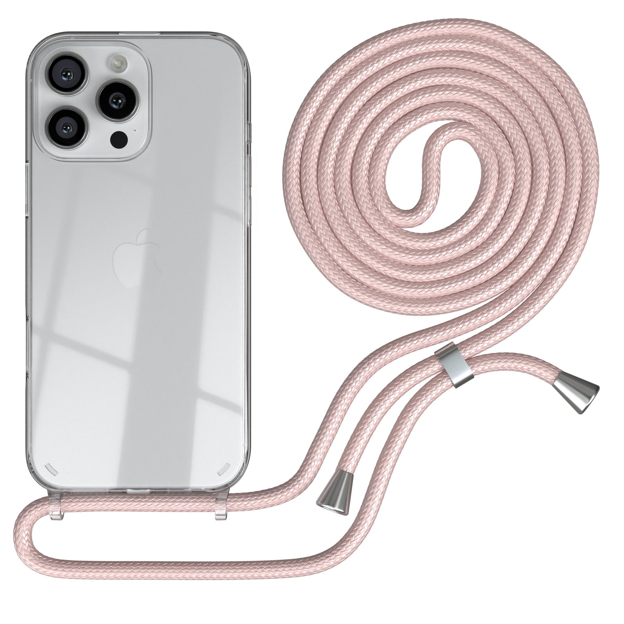 EAZY CASE Handykette Hülle mit Kette für Apple iPhone 16 Pro Max 6,9 Zoll, Slimcover Festival Hülle Band Цепочки для мобильных телефонов Umhängehülle Altrosa Rosé