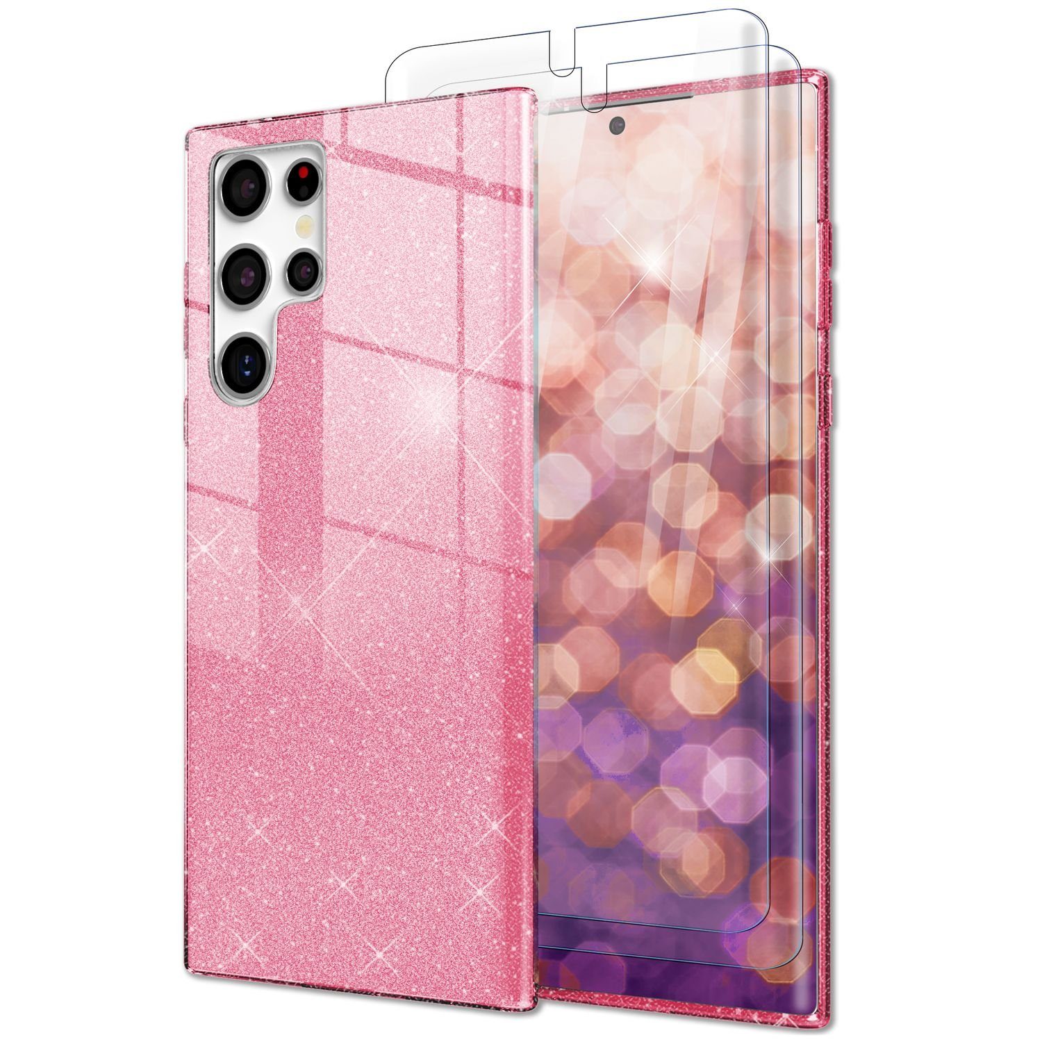 Nalia Smartphone-Hülle Samsung Galaxy S23 Ultra, Glitzer Silikon Hülle / 2x Displayschutz / Innen Verstärkt / Stoßfest