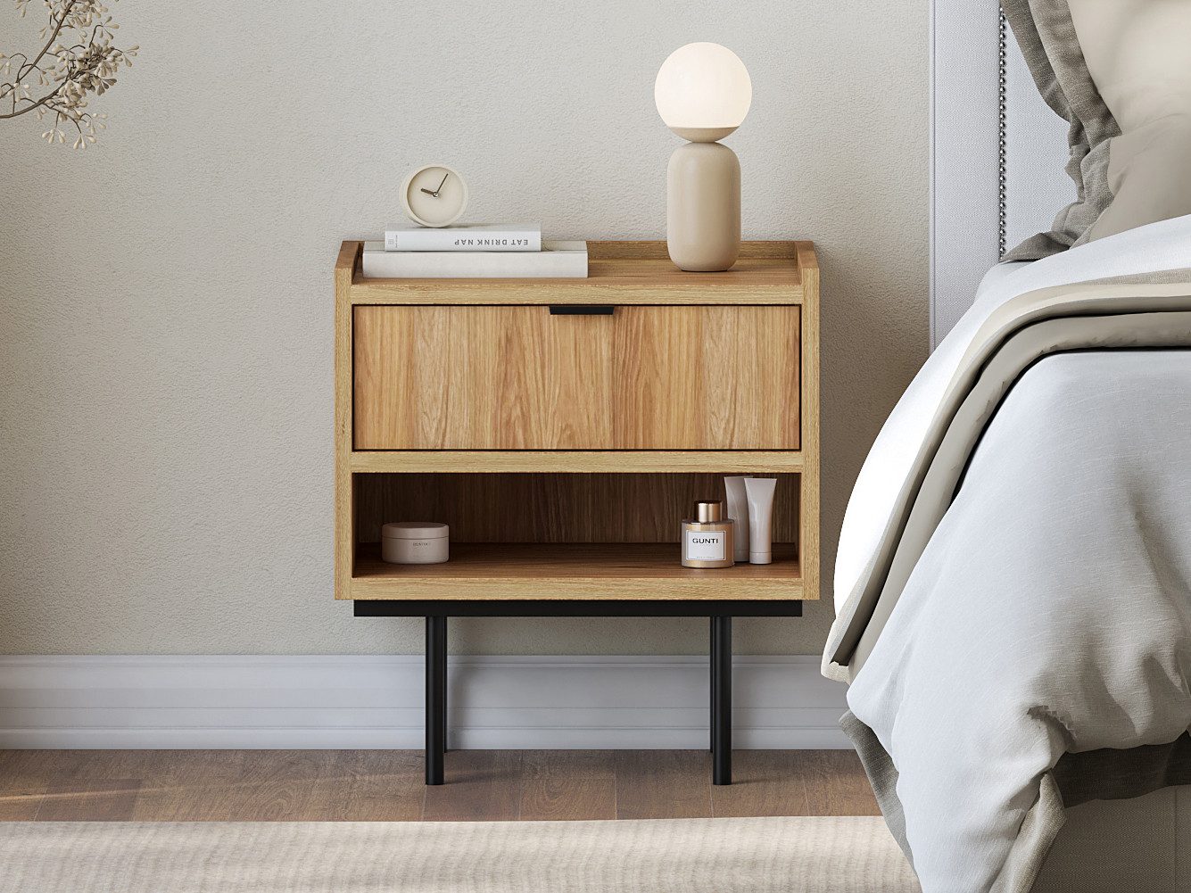 Beautysofa Nachttisch Evron mit 1 Schublade, offene Ablage und hohe Metallb günstig online kaufen
