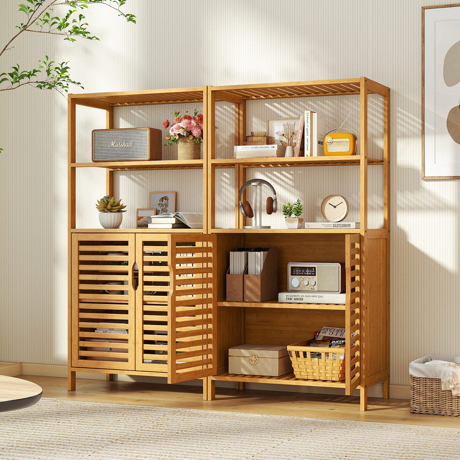 COSTWAY Bücherregal, Bambus mit Lamellentüren, Vorratsschrank 60x33x116cm günstig online kaufen