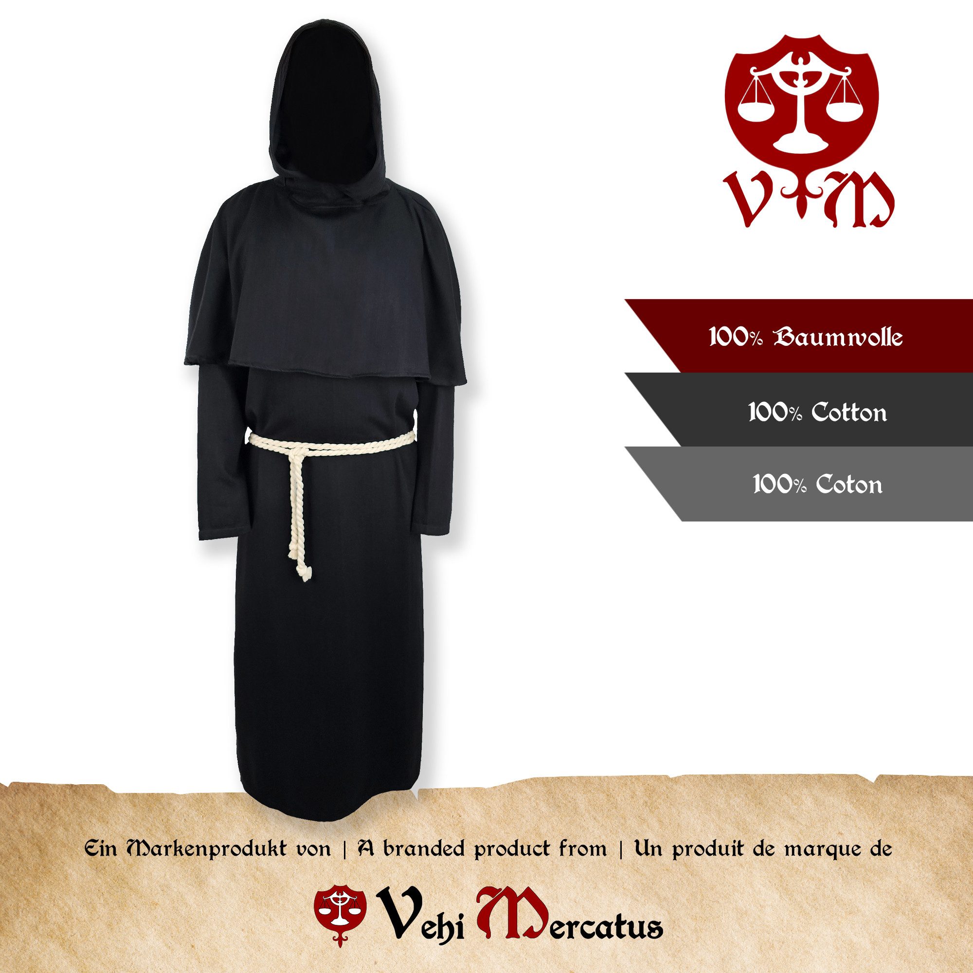 Vehi Mercatus Wikinger-Kostüm Mönchskutte schwarz "Baldrich" - Set aus Habit, Kukulle und Seilgürtel