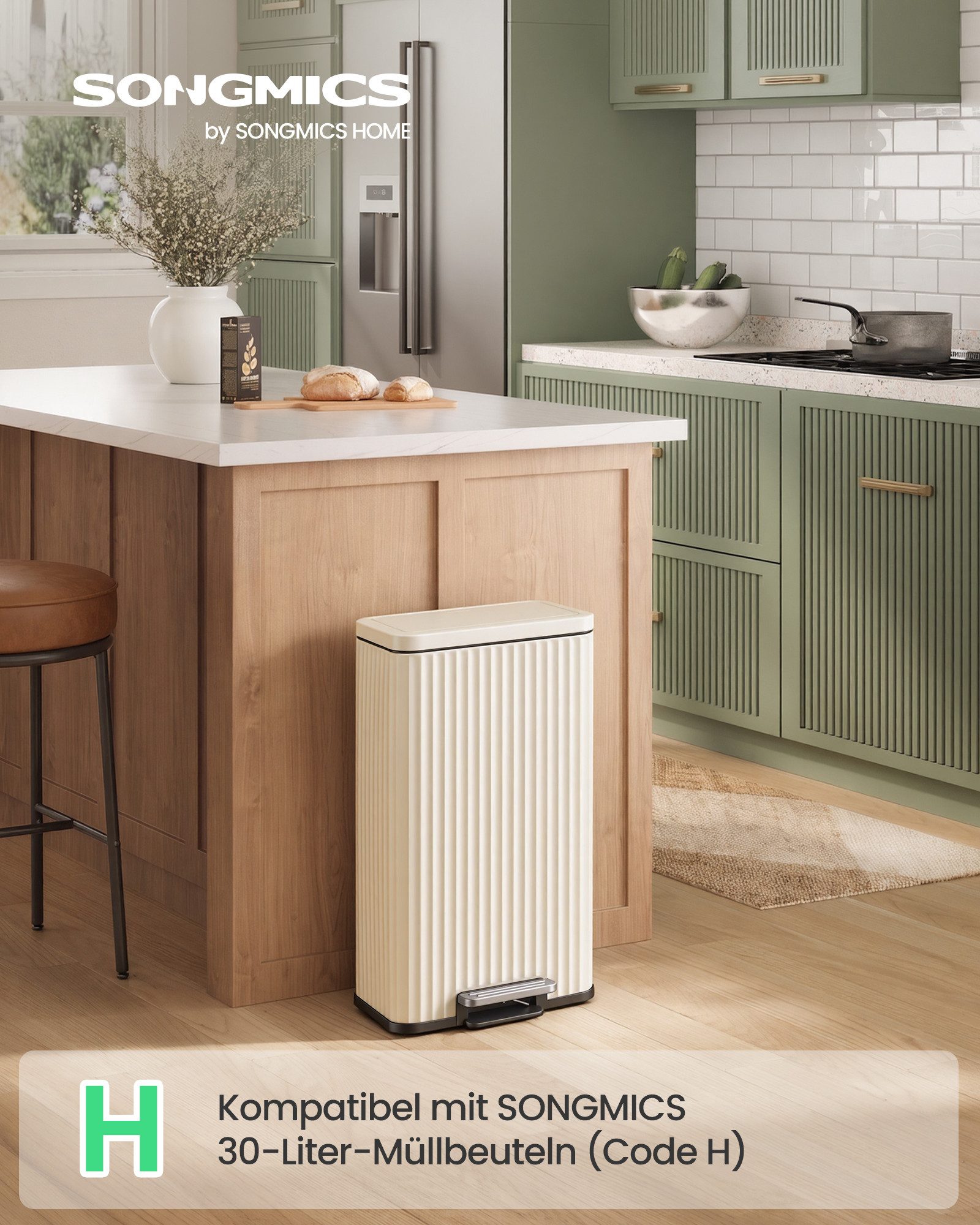 SONGMICS Mülleimer Küche, Abfallbehälter mit Deckel und Pedal, Softclose, Herausnehmbarer Inneneimer, 30 L