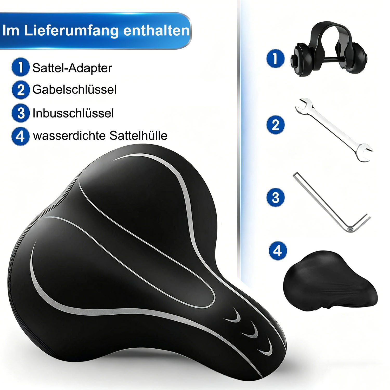 SURFOU Fahrradsattel Fahrrad zubehör Fahrradsattel Herren Damen Sattelschutz Wasserdicht (Universell kompatibler Oversized Fahrradsattel– Extra Breiter & Bequemer Sattel mit Memory Foam, Wasserdicht & Stoßdämpfend für Herren & Damen, mit Montagewerkzeuge, wasserdichte Sattelhülle und Fahrradsatteladapter, 1-tlg., Geeignet für Mountainbikes, Rennräder, Fitnessbikes, E-Bikes usw), Bequemer Memory-Foam, Schweißfestes und stoßdämpfendes
