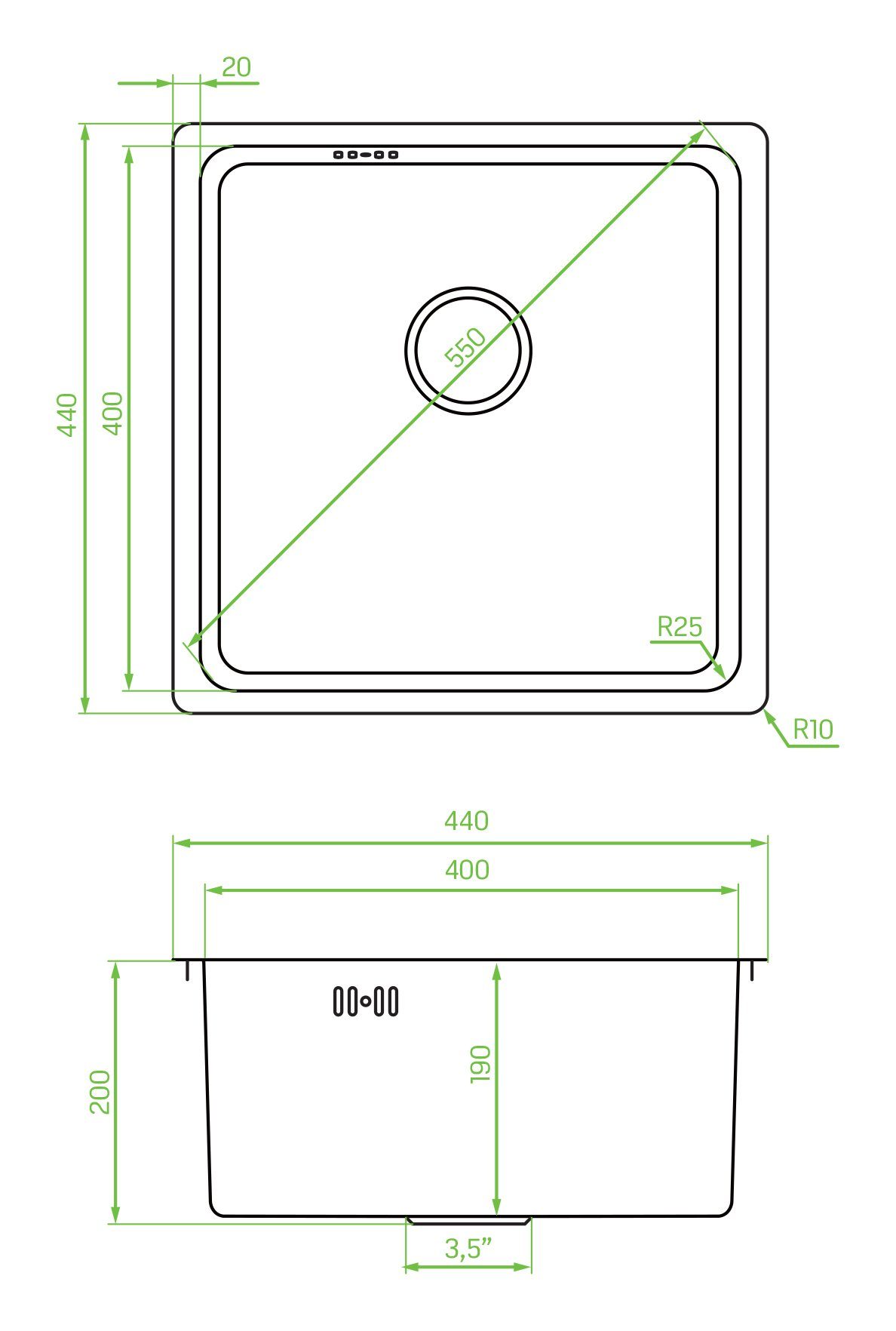 Saving Stahl KOLMAN Quadratisch, ADEN Einzelbecken Küchenspüle 44/44 Spülbecken, Graphit cm, GRATIS Space Siphon