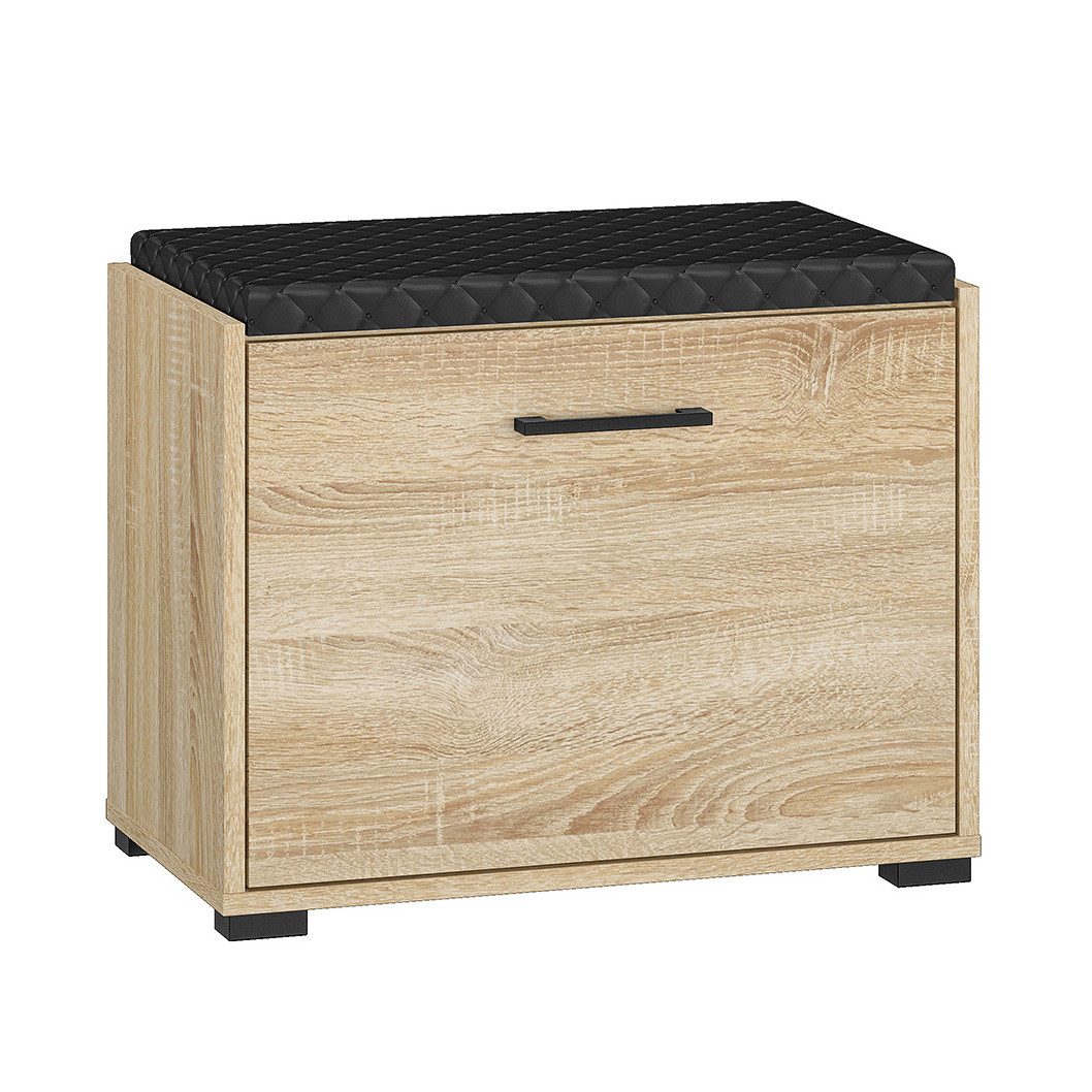Lomadox Schuhbank CHEB-131, Eiche hell Sitzpolster schwarz Schuhschrank 59,8x47,9x33,6 cm