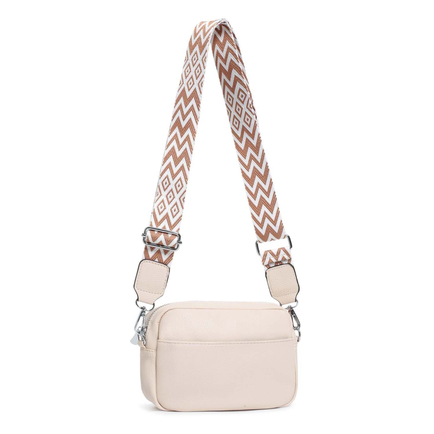 ITALYSHOP24 Schultertasche Damen kleine Umhängetasche CrossBody Crossover Handytasche Geldbörse (Spar-Set aus einer Tasche mit einem breitem Muster Stoffgurt/Umhängeband), Bodybag, Brusttasche, Hüfttasche, Muster Taschengurt, leicht Gewicht