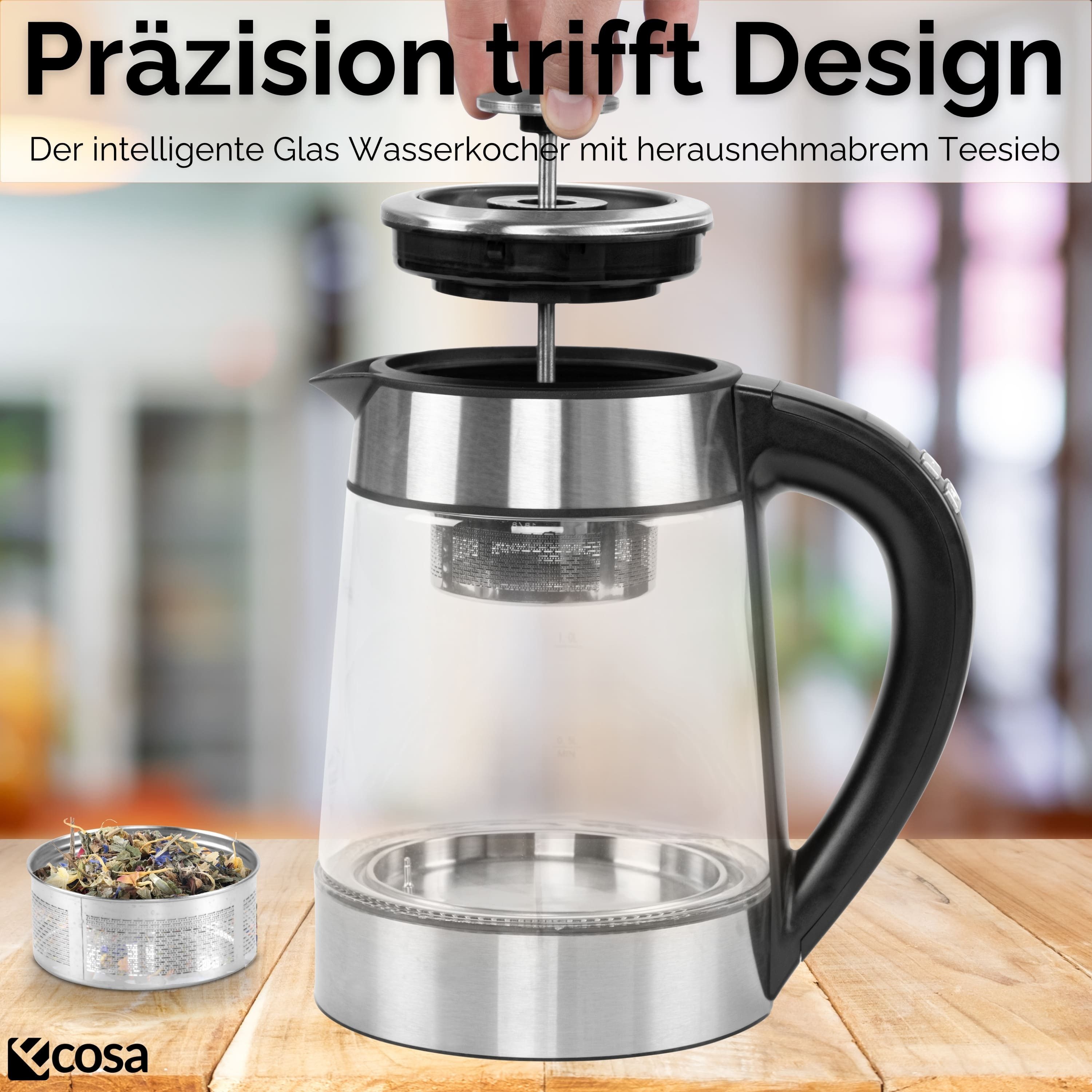 ecosa Wasserkocher EO-650, 1.7 l, 2200 W, Temperatureinstellung,LED-Beleuchtung,Edelstahl,BPA-frei,Farbwechsel